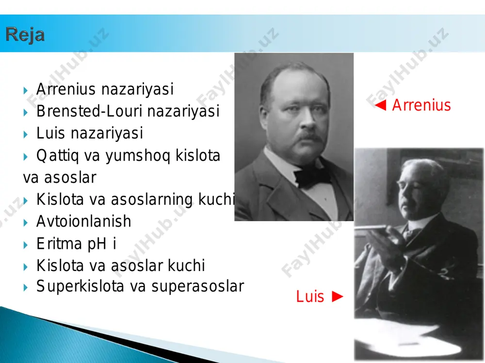 vodorod ioni ishtirok etmagan molekulalar orasidagi reaksiyalarni ham tushuntira oladi.  bf3 + :nh3 → f3b:nh3 9  luis kislotalari – elektrofillar: h+, na+, bf3  luis asoslari – nukleofillar: nh3, h2o, ph3 1 0  pirson kislota va asoslarni yumshoq va qattiqqa bo’lsihni taklif qiladi.  qattiq kislotalar - katta musbat zaryadga ega qutblanuvchanligi kam kichik kislotalar  yumshoq kislotalar – kichik musbat zaryadlik qutblanuvchan katta kislotalar. qattiq kislota o’rtacha kislota yumshoq kislota h+, li+, na+, k+ be2+, mg2+, ca2+, sr2+ bf3, bcl3, b(or)3 b(ch3)3 bh3, ti+, ti(ch3)3 al3+, al(ch3)3, alcl3 cu+, ag+, au+, cd2+, pd2+, pt2+, br2, i2 cr3+, mn2+, fe3+, co3+ fe2+, co2+, ni2+, zn2+, rh3+ erkin metallar 1 1  qattiq asoslar - katta elektromenfiylikka ega kichik asoslar  yumshoq asoslar – kichik elektromanfiylikka ega katta asoslar qattiq asos o’rtacha asos yumshoq asos f-, cl- h- h2o, oh-, o2- i- roh, ro-, ch3coo- sh-, s2- no3 …
