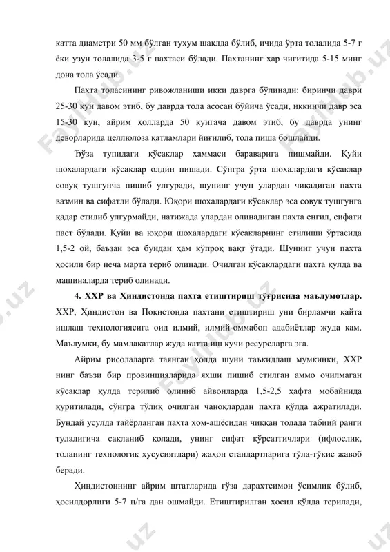 бий-ғарбий, жанубий-шарқий ва жануб-марказий қисмларини ўз ичига олган атлантика океанидан тинч океанигача бўлган худудларининг табиий-иқлим шароитлари ғўза парвариши учун жуда қулайдир. пахта етиштириладиган барча 19 та штатнинг худудлари 37 паралелдан қуйида жойлашган. мавсум даврида ҳавонинг ҳарорати деярли ўзгармайди, энг муҳими эрта совуқлар тушмайди. хусусан, совуқсиз кунлар шимолий худудларда 180-200 кеча-кундуз, жанубда 235-260 кунни ташкил этади. пахта етиштириладиган жойларда ўртача ҳарорат 18-20 0с атрофида бўлади. ақш да чигит экиш тупроқ ҳарорати 18-20 0с ташкил этганда бошланиб, апрел ойининг охири, май ойнинг бошларида тугалланади. туксизлантирилган уруғлик чигитларини тайёрлаш илғор технологияси чигитларни кам сарф қилинган ҳолда 30 кг/га атрофида уялаб экиш кенг қўлланилиши асосидадир. шу сабабли пахта етиштириш жараёнида ақш да ғўза ниҳоллари одатда ягана қилинмайди. ҳосилни йиғиб-териб олиш ва уни қайта ишлаш муддати чигит экиш муддати ва ғўзанинг селекция навига боғлиқ. бу ишлар ўрта толали навлар учун октябр-декабр ойлари ўрталаригача давом этади, узун толали пахта учун октябр ойларида бошланиб феврал ойининг ўрталаригача …