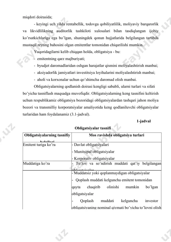rish huquqi bilan joylashtiriluvchi obligatsiyalar · emitentga to’lovni uzaytirish huquqini beruvchi qoplash muddati uzaytirilgan obligatsiyalar egalik qilish huquqi bo’yicha · nomi yozilgan, emitent reyestr kitobida va obligatsiya muqovasida obligatsiya egasining nomi kiritiladigan obligatsiyalar. · taqdim qiluvchiga, obligatsiya egasi taqdim etgan hujjat evaziga. obligatsiya maqsadiga ko’ra · oddiy, turli loyihalarda foydalanishi ko’zda tutilgan qo’shimcha moliyaviy resurslar jalb qilish maqsadida emissiya qilingan obligatsiyalar · maqsadli, joylashtirishdan tushgan mablag’lar aniq investitsion loyihalarni moliyalashtirishga yo’naltiriladigan obligatsiyalar (infratuzilma obligatsiyalari) joylashtirish shakli bo’yicha · erkin joylashtiriladigan obligatsiya zayomlari · qat’iy joylashtirish sharti bilan emissiya qilinadigan obligatsiyalar nominal qoplanish sharti bo’yicha · nominal summa bir marta qoplanadigan obligatsiyalar · belgilangan vaqt oralig’ida nominal summadan ulushli to’lovli obligatsiyalar · obligatsiyalar umumiy sonidan izchil ravishda qat’iy belgilangan to’lovli obligatsiyalar (lotoreyalar, tirajli zayomlar) emitent tomonidan obligatsiyalar bo’yicha turli to’lovlar amalga oshirilishiga ko’ra · qat’iy belgilangan daromad keltiruvchi va qoplanish muddati oxirida nominal summa ham qaytarilishi kafolatlanadigan obligatsiyalar · kuponsiz yoki …