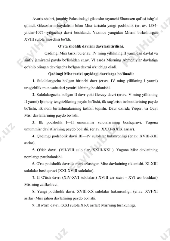 alar). 7. ii o'tish davri (xiv-xvi sulolalar.) xviii asr oxiri - xvi asr boshlari) misrning zaiflashuvi. 8. yangi podsholik davri. xviii-xx sulolalar hukmronligi. (er.av. xvi-xi asrlar) misr jahon davlatining paydo bo'lishi. 9. ill o'tish davri. (xxi sulola xi-x asrlar) misrning tushkunligi. 10. so'nggi podsholik. misr chet elliklar hukmronligi ostida (xxii-xxv sulolalar er.av. xi-viii asrlar) misrning sais (xxvi) sulolasi davrida tiklanishi. (er.av. vii-vi asrlar). 11. misrning eron tomonidan bosib olinishi va eron davlatiga qo'shib olinishi (xvii-xxx sulolalar, er.av. vi-iv asrlar). о‘rta shohliklar davrida ishitimoiy iqtisodiy hayot. ilk dehqon jamoalari er. av. vi—v ming yillikda quyi misrda fayum vodiysida mayjud bo'lgan. fayum manzilgohida g'alla ekinlari ekilgan, yirik va mayda qoramol boqilgan va baliq tutilgan. bu madaniyatga mansub bo'lgan manzilgohdan suyak-garpun, toshdan yasalgan o'roqlar va loy idishlar topilgan. shu vaqtda yuqori misrda chorvador dehqonlar yodgorligi topilgan joyiga qarab tasiy madaniyati deb ataladi. bu yerdan ko'plab qabrlar topilgan. bug'doy ekilgan, mayda chorva mollari boqilgan, …