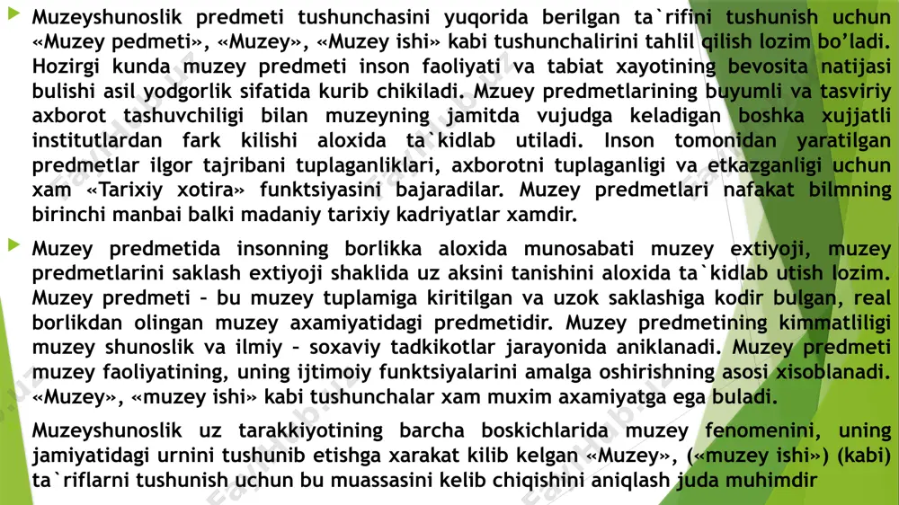 alohida ahamiyat kasb etib ular fuqorolarimiz qalbida vatanga sadoqat, ajdodlar merosiga hurmat, o‘z tarixidan faxrlan- ish kabi tuyg’ularni shakllantirishga xizmat qiladi. muzeyshunoslik (muzeologiya) - muzeylar tarixi, ularning ijtimoiy vazifalari, muzey ishi nazariyasi va metodikasi masalalarini o’rganadigan fan tarmog’i. o’zbekistonning eng yangi tarixi masalalari bo’yicha muvofiqlashtiruvchi-metodik markaz muzeylarning dastlabki vatani yunoniston hisoblanadi. muzalar - bu sevgi, go’zallik va she’riyat ilohalari bo’lib, ularning sharafiga yunonistonda gelikon tog’i atrofida har besh yilda bir marta bayramlar o’tkazilib, unda shoirlar, rassomlar, haykaltaroshlarning o’zaro musobaqalari bo’lib turgan. bu musobaqalarda yig’ilgan dastlabki kolleksiyalarni jamlash va saqlash niyatida muzeylar tashkil etila boshlandi. kritdagi knoss saroy xazinasi (miloddan avvalgi xvi asr), vanlar saroyi va ink kohinlarining arxivi (xitoy, miloddan avvalgi xiii— xii asrlar), nineviya saroy kutubxonasi va boshqalar shular jumlasidan. qadimdan ibodatxona, keyinroq xususiy to’plamlarda (miloddan avvalgi iii asrdan) asosan san’at asarlari jamlangan (varres, sulla galereyalari, serviliy, krase, lukull, pompey, sezar va boshqa to’plamlar)5 . birinchi muzey - ta’lim …