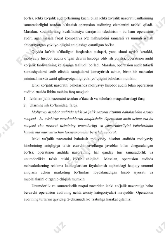 ba’zi ichki xo’jalik auditorlari ishlab chiqarish texnologiyasi kabi sohalarda yuqori darajali bilimga erishishlari bilan, ular o’zlarining vaqtlaridan shu sohaning auditi uchun samarali foydalanishlari mumkin. funktsional auditning kamchiligi shundan iboratki, bunda funktsiyalar o’rtasidagi bog’liqlikni baholash imkoni yo’q. zero, o’sha ishlab chiqarish texnologiyasi tayyor mahsulot ishlab chiqarish funktsiyasi va xo’jalik tizimining boshqa funktsiyalari bilan o’zaro uzviy bog’liq. tashkiliy audit. odatda, xo’jalik tizimining operatsion auditida uning belgilangan bir tarmog’i yoki tashkiliy bo’limi: bo’lim, tarmoq yoki qaram kompaniya o’rganiladi. tashkiliy auditda asosiy e’tibor funktsiyalarning o’zaro qanchalik mahsuldor va samarali ekanligini aniqlashga qaratiladi. auditning bu turi uchun faoliyatning tashkiliy rejasi va muvofiqlashtirish usuli juda muhimdir. shundan kelib chiqib biz quyidagi 3-chizmada o’zbekiston sharoitida nazorat tizimini ko’rsatishga harakat qilamiz. 3-chizma. moliyaviy nazorat tizimi. maxsus audit. operatsion auditning maxsus vazifasi ma’muriyat ehtiyoji bilan aniqlanadi. bunday audit nihoyatda turli-tumandir. misol qilib, ma’lumotni elektron qayta ishlash tizimining samarasizlik sabablarini aniqlashni, biron-bir bo’limda jinoyat yuz berishi mumkinligini o’rganishni ishlab chiqarilayotgan …