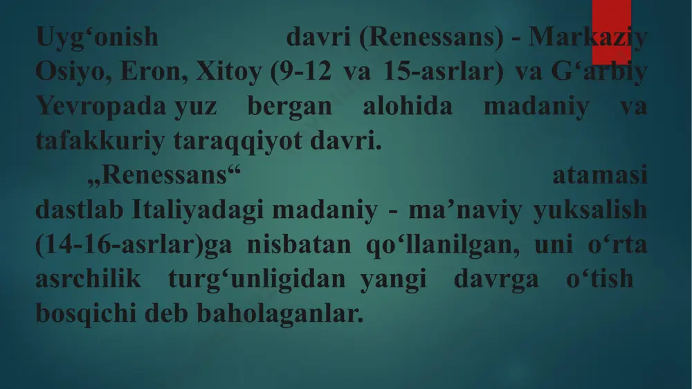 v-xv asrlar) renessansga beshik bo’lgan. bu - jahon ilm-fanida o‘z isbotini topgan va tan olingan tarixiy haqiqatdir. hozirgi vaqtda mamlakatimizda yana bir muhim uyg‘onish jarayoni kechmoqda. shuning uchun „yangi o‘zbekiston“ va „uchinchi renessans“ so‘zlari hayotimizda o‘zaro uyg‘un va hamohang bo‘lib yangramoqda, xalqimizni ulug‘ maqsadlar sari ruhlantirmoqda e’tiboringiz uchun kattakon rahmat!!! image6.jpeg image7.jpeg image8.png image9.png image10.png image2.png image3.png image4.png image5.png