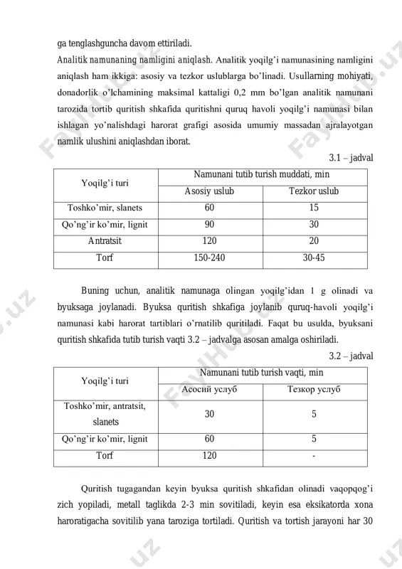 ari, hamda bu tavsifnomalarni aniqlash usullarining mohiyati; - tadqiq qilinayotgan yoqilg’ining turi va markasi, uning normativ tavsifnomalari; - tajriba sinovlarini o’tkazishda foydalanilgan usullarni asoslash yozilmasini tayyorlash; - tajribada erishilgan kattaliklarni qayta ishlash natijalarini, hisoblash formulalari va formulalarga kiradigan barcha kattaliklarning sonli ko’rsatkichlari bilan birgalikda yoritish; - xulosalar. 3.4. texnika xavfsizligi bo’yicha ko’rsatmalar. tajriba ishini bajarishga kirishishdan oldin talabalar o’zlari uchun tuzib chiqilgan umumiy texnika xavfsizligi qoidalari yo’riqnomasi bilan qaytadan tanishishlari kerak. mazkur tajriba ishini bajarishda qo’shimcha ravishda quyidagi xavfsizlik qoidalariga amal qilish zarur: 1. kuyish xavfini bartaraf etish maqsadida tigellarni mufel pechiga yuklash va ularni chiqarish jarayoni laborant ishtirokida maxsus qisqich yordamida amalga oshiriladi. mufel pechining eshigi uni yon tomoniga turib ochilishi kerak. tigellar eksikatorda 5-10 daqiqadan kam tutib turilmasligi kerak. 2. mufel pechini talaba tomonidan so’roqsiz qo’shib ajratilishi ta‘qiqlanadi. 3 – tajriba ishlarini o`zlashtirish uchun savollar: 1. yoqilg’ining texnik tavsifnomalari nimalar? 2. yoqilg’ining ballast qismi nimalardan iborat bo’ladi? 3. …