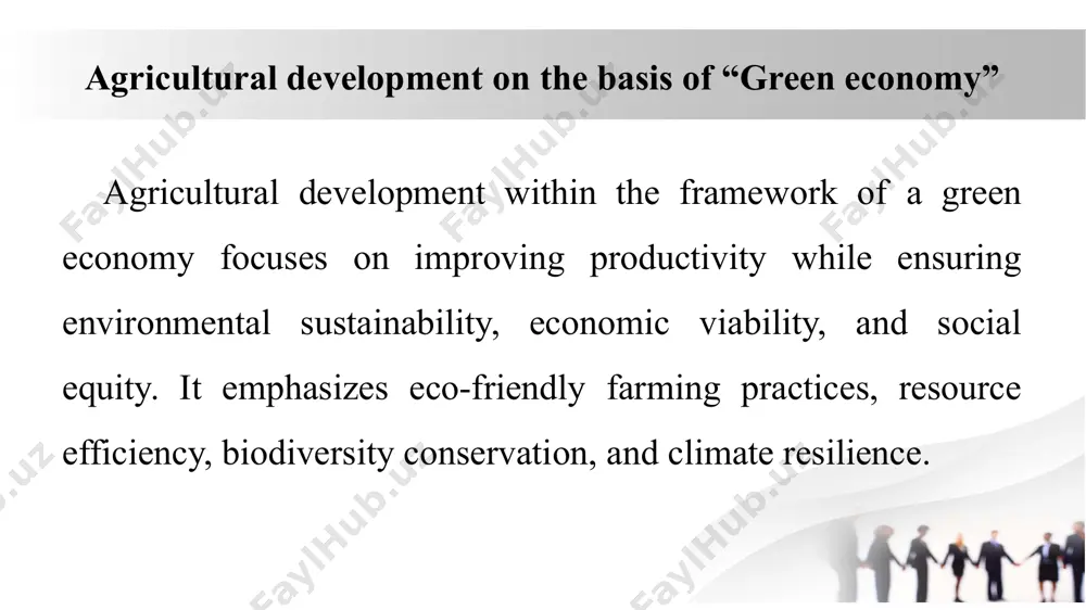 ing and policy support providing subsidies and incentives for eco-friendly practices. promoting carbon trading and payment for ecosystem services. encouraging investment in green agricultural startups. technological innovations in green agriculture using ai, iot, and remote sensing for precision farming. promoting biopesticides and biofertilizers as eco-friendly alternatives. implementing blockchain and digital platforms to enhance transparency in supply chains. the main indicator of economic growth in agriculture. gross agricultural product (gap): represents the total volume of agricultural products produced within a certain period, expressed in monetary terms. the growth rate of gap indicates the level of development in the sector. gap includes the following products: - crop products: grain, cotton, vegetables, fruits, melons, potatoes, and others. - livestock products: meat, milk, eggs, wool, leather, and others. - fishery products: fish, caviar, and others. - forestry products: wood, forest berries, mushrooms, and others. the following formula is used to calculate gap. gap = …