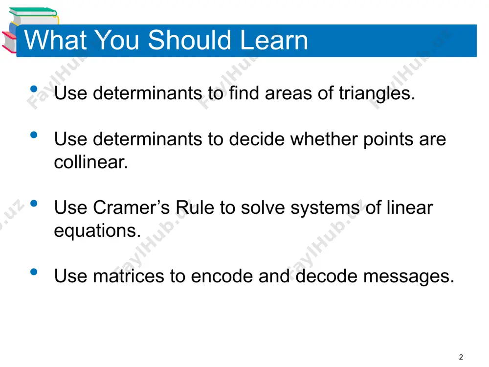 umn of constants as replacements for the coefficients of x and y as follows. coefficient matrix d dx dy cramer’s rule for example, given the system 2x – 5y = 3 – 4x + 3y = 8 the coefficient matrix, d, dx, and dy are as follows. coefficient matrix d dx dy example: using cramer’s rule for a 2x2 system use cramer’s rule to solve the system 4x – 2y = 10 3x – 5y = 11 solution: to begin, find the determinant of the coefficient matrix. d = = –20 – (–6) = –14 example 3 – solution because this determinant is not zero, apply cramer’s rule. cont’d = –1 so, the solution is x = 2 and y = –1. example 3 – solution cont’d cramer’s rule for 3x3 matrix let a be the coefficient matrix of this linear system: if det a is not 0, then the …
