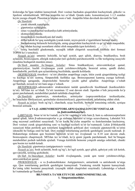 snaptik membranada na ajralishi ortib ketadi va sinapsdan qo’zg’alish impulslarini o’tishi tez tiklanadi. shu sababli fentolamin qisqa ta’sir etadi (10-15min. v/v), α2 reseptorlar bloklanganligi uchun taxikardiya yuzaga keladi. fentolamin arteriola va prekapilyarlarni kengaytirgani uchun qon bosimi pasayadi. simpatik nerv tolalari bloklanganligidan, parasimpatik nerv sistemasining tonusi ortadi va shu sababdan mit-a’zolarining harakati va sekresiyasi kuchayadi. fentolamin ichakdan yaxshi so’rilmaydi (suvda yomon eriydi). qo’llanilishi: · periferik qon aylanishining buzilishida (reyno-xastaligi, obliterasiyalanuvchi endoarteriitlar, aterosklerozli gangrenanning boshlang’ich bosqichida), · feoxromositoma · gipertonik krizlarda (gipertoniyalik xurujlarida) · sekin bituvchi yaralarda (trofik yaralarda, ayniqsa, oyoqlarda, chunki qon aylanishini yaxshilaydi, hamda insulin ajralishini oshiradi). noxush ta’siri: bosh aylanish, burun shilliq qavatining shishi, ko’ngil aynishi, qayt qilish, ba’zan ich ketishi. fentolaminni parenteral yo’l bilan yuborish mumkin bo’lgan shakli ham bor. digidroergotoksini - qoramug’ o’simligining suvda erimaydigan alkaloidlarini qisman qaytarilish yo’li bilan olingan alkaloid bo’lib, degidroergokriptin, digidroergokornin va digidroergokristinlarning aralashmasidir. qoramug’ o’simligining tabiiy alkaloidlaridan farqli o’laroq, digidroergotoksin bachadonga ta’sir …