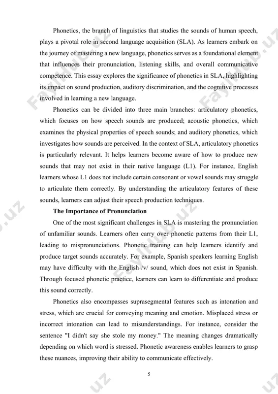 guage acquisition. techniques such as mimicry, shadowing, and phonetic drills help learners improve their pronunciation skills and internalize the target language's sound system. regular practice of phonetic exercises, coupled with self-awareness and feedback, allows learners to refine their pronunciation and gradually develop a native-like accent. 6. technological advancements and phonetics training. technological advancements have revolutionized phonetics training in second language acquisition. computer-based tools, interactive software, and mobile applications offer learners opportunities to practice pronunciation, receive real-time feedback, and engage in selfdirected learning. these resources enable learners to work on specific phonetic aspects, identify areas for improvement, and monitor their progress independently. phonetics, the branch of linguistics that studies the sounds of human speech, plays a pivotal role in second language acquisition (sla). as learners embark on the journey of mastering a new language, phonetics serves as a foundational element that influences their pronunciation, listening skills, and overall communicative competence. this …