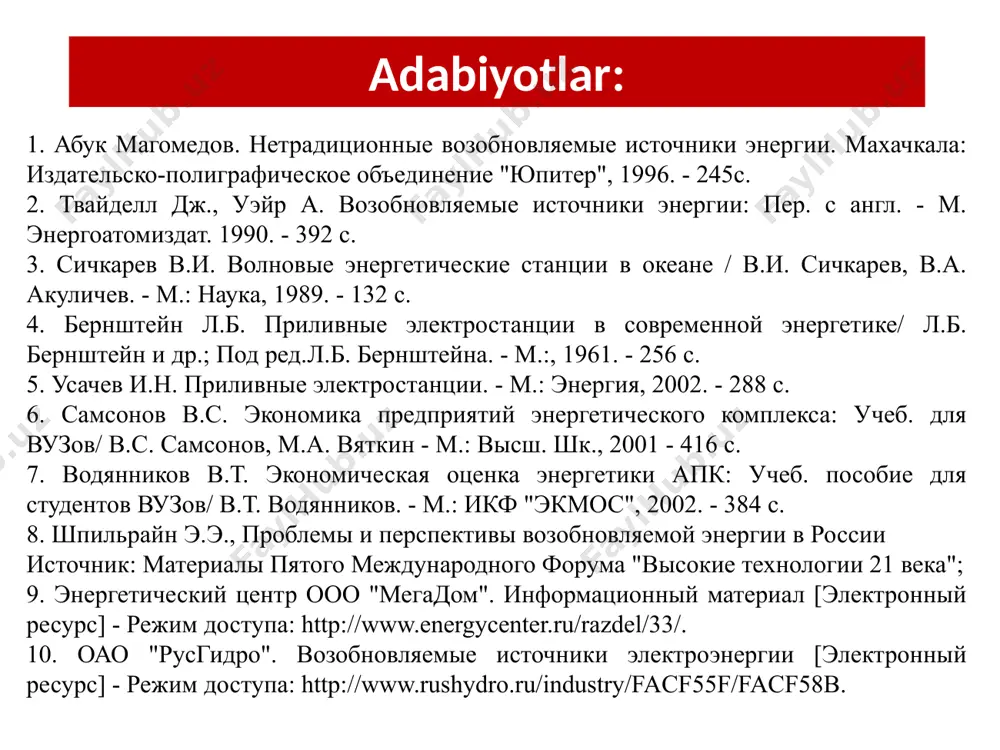 дород енергиясини ўз ичига олади. изотоплар-протий – дейтерий ва тритий, бу "водород" ва термоядро енергиясининг саноат ривожланишига олиб келади. "яшил" (екологик тоза) енергия қайта тикланадиган енергия, аммо геотермал енергия, биомасса енергияси ва қаттиқ чиқиндиларни ёқиш енергиясисиз. "углеродсиз" енергия - енергия ишлаб чиқариш натижасида "углерод изи" деб аталадиган нарса ҳосил бўлмайди, яъни углерод оксиди шаклидаги "иссиқхона" газлари атроф-муҳитга чиқарилмайди. "углеродсиз« енергияга атом енергияси ва "яшил " енергия киради. енергия ишлаб чиқариш таркибининг динамикаси - 1800 – 2050 йй. “ўтин” эраси “кўмир” “нефт” эраси “газ” дунёда енергия истеъмоли динамикаси (million тонна) 1980 - 2019. енергия истеъмоли илғор ўсиши -1,2 marta дунё аҳолисининг ўсиши 1,73 баравар енергия истеъмоли ўсиши-2,08 marta дунёда аҳоли жон бошига енергия истеъмоли динамикаси (деб аталмиш.e.), 1980 - 2019. енергия қулайлиги ва янги технологик тузилмалар учун тўлов (йилига+0,5%) дунёда аҳоли жон бошига енергия истеъмоли динамикаси енергия ривожланишининг енергия талаб қиладиган сценарийси: ер аҳолисининг ўсиши ва мавжуд енергия талаб қиладиган технологиялардан …