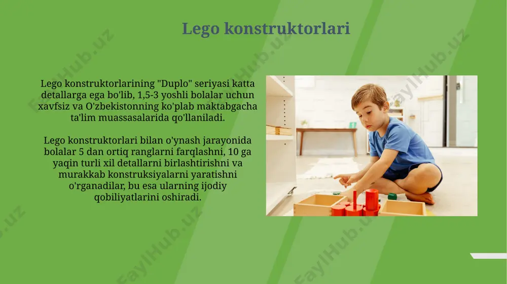 yuqoriroq fazoviy fikrlash qobiliyatiga ega ekanligini ko'rsatdi. "blok konstruktorlari" 3 yoshdan 7 yoshgacha bo'lgan bolalar uchun mo'ljallangan bo'lib, ularning kognitiv rivojlanishiga, xususan, 3d fikrlash qobiliyatiga, muammolarni yechishga va nozik motorikalarini rivojlantirishga yordam beradi, masalan, 50 dan ortiq turli xil bloklar to'plami samarqanddagi maktabgacha ta'lim muassasalarida qo'llanilmoqda. tabiiy materiallardan foydalangan holda qurilish tabiiy materiallardan, masalan, 5-7 sm uzunlikdagi tayoqchalar, tosh va konuslardan foydalanib, bolalar 3 yoshdan boshlab oddiy inshootlar, masalan, devor yoki minoralar yasashni o'rganadilar, bu samarqanddagi bolalar bog'chalarida keng qo'llaniladi. tabiiy materiallardan qurilish jarayoni 2-4 nafar bola o'rtasida hamkorlikni rivojlantiradi va ularning 5-6 yoshdagi bolalarga xos bo'lgan muammolarni birgalikda hal qilish qobiliyatini oshiradi, ayniqsa andijon viloyatida. e'tiboringiz uchun rahmat @taqdimot_robot image1.jpg image2.jpg image3.jpg image4.jpg image5.jpg image6.jpg image7.jpg image8.jpg image9.jpg image10.jpg image11.jpg image12.jpg