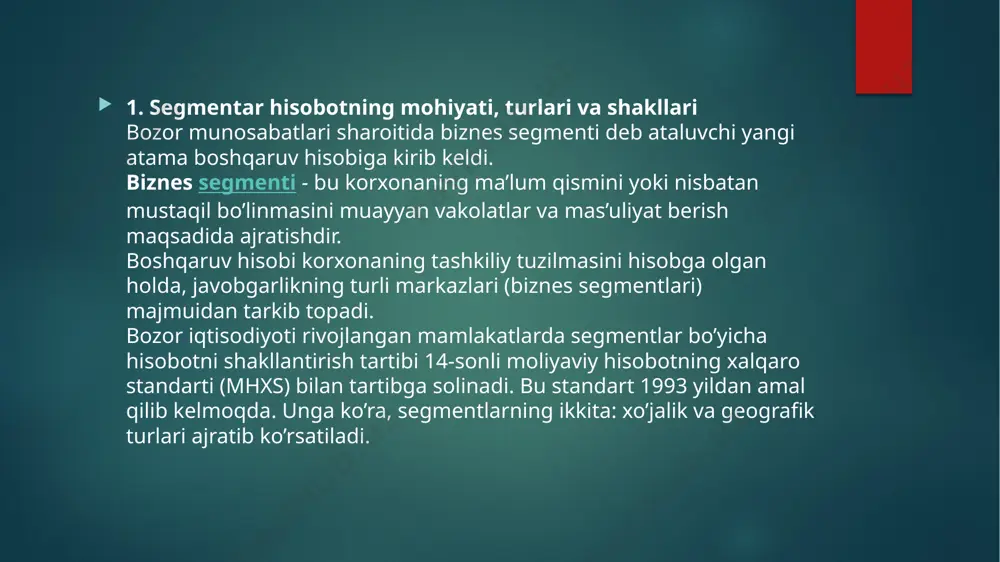 v hisobotining standart (minimal) to’plamiga asos bo’ladigan quyidagi muhim shakllarini keltirish mumkin: materiallar va butlovchi qismlar zahiralari to’g’risida hisobot; tugallanmagan ishlab chiqarish bo’yicha hisobot; ishlab chiqarilgan mahsulot (ish, xizmatlar) to’g’risida hisobot; xarid qilingan qiymatliklar to’g’risida hisobot; tayyor mahsulot zahiralari to’g’risidagi hisobot; sotishlar to’g’risidagi hisobot; pul mablag’lari harakati to’g’risida hisobot; debitorlik va kreditorlik qarzlari to’g’risida hisobot; yig’ma hisobot. mamlakatimiz hisob amaliyotida segmentar hisobot tuzishning ba’zi tamoyillarini ko’rib chiqamiz: segmentar hisobot aniq manzilli, ishonchli, tushunarli, muhimlik kabi xususiyatlarni o’zida aks ettirishi hamda asosan xarajatlar, daromadlar, mahsulot sotish hajmini hisobga olishga yo’naltirilgan bo’lishi lozim; ichki hisobot tezkorlik, ehtiyotkorlik, taqqoslanuvchanlik xususiyatlariga ega bo’lishi hamda menejerning rejalari, psixologiyasi va usulini nazarda tutishi kerak; segmentar hisobot ahamiyatli, haqqoniy, xolis taqdim etilgan bo’lishi, izchil va tugallangan bo’lib, javobgarlik markazi ishini yanada yaxshilashga yo’naltirilishi lozim; segmentar hisobotning shakllari va registrlarini tez-tez o’zgartirish maqsadga muvofiq emas, chunki bu holat ularning samaradorligini pasaytiradi; sabr qilganlaring uchun raxmat image2.png image3.png image4.png …