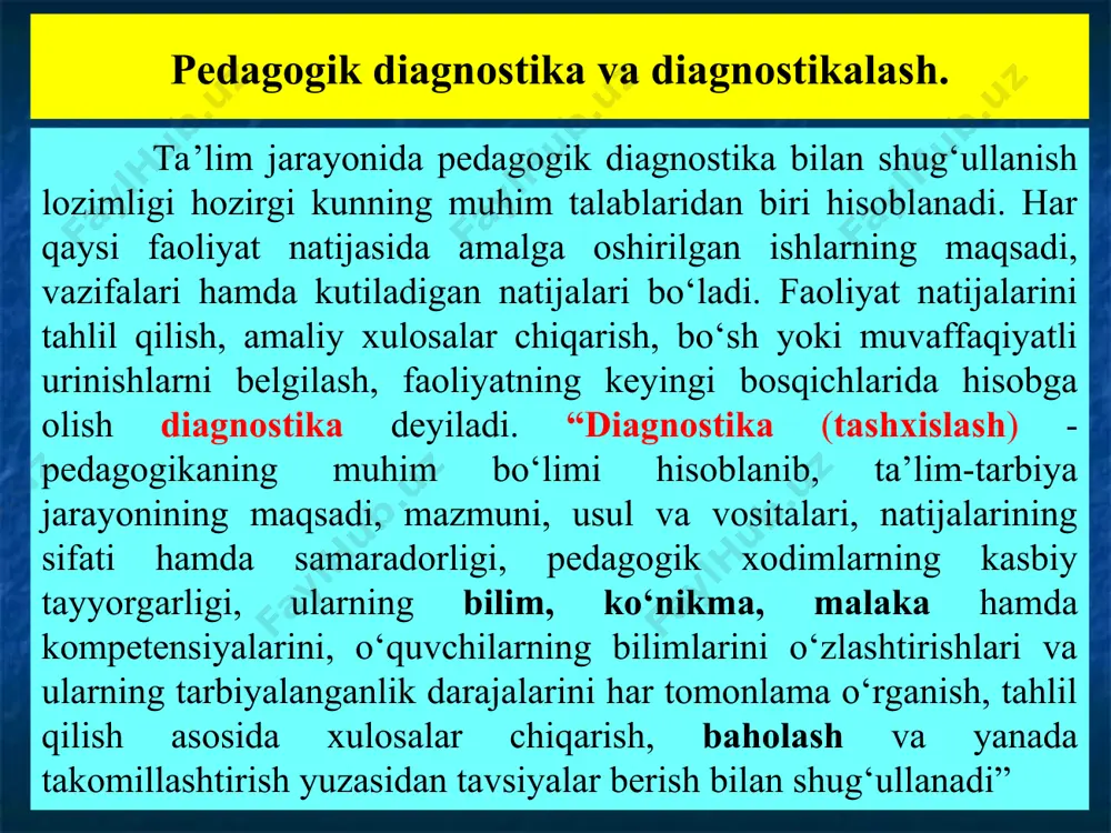 alakalarini tashxis etish. tashxislash nazorat, tekshirish, baholash, statistik ma’lumotlar to‘plash, ularni tahlil qilish, dinamika, tendensiyalarni aniqlash, voqealarning keyingi rivojini taxminlashni o‘z ichiga oladi. nazorat (ta’lim jarayonida) ta’lim oluvchining bilim, ko‘nikma va malakalari darajasini aniqlash, o‘lchash va baholash jarayonini anglatadi. aniqlash va o‘lchash esa tekshirish deb ataladi. baholash deb bilim, ko‘nikma va malakalarni o‘quv dasturida ko‘rsatilgan etalon (ko‘rstakich, qolip, o‘lchagich)lar bilan solishtirishni aytamiz. baho deb baholashning ball shaklida ko‘rsatilgan son jihatdan o‘lchamiga aytiladi. pedagogik diagnostika - o‘quvchi-talabalarning o‘zlashtirishi, o‘qishdagi qiyinchiliklarini va ularning o‘qishlariga ta’sir qilayotgan ijtimoiy, oilaviy omillarni o‘rganishga yo‘naltirilgan. xususan, diagnostika natijalari ta’lim-tarbiya jarayonini to‘g‘ri rejalashtirish, faoliyat davomida yo‘l qo‘yilgan xato va kamchiliklarni tuzatish, va ular tahlili yuzasidan psixologik-pedagogik profilaktik ishlarini olib borish imkonini beradi. umumiy pedagogika darslik / n.a.achilov. – pedagogik diagnostika maqsadi va vazifalari. o‘qituvchi kasbiy mahoratining asosiy tarkibiy qismidan biri o‘quv-tarbiya jarayonini to‘g‘ri va samarali boshqara olishidir. pedagogik diagnostikaning predmeti: “shaxs” pedagogik diagnostika fanining maqsadi - o‘quvchi-talabalarda …