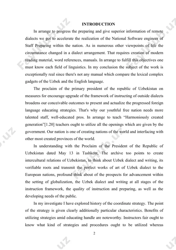 ven by the government. our nation is one of creating nations of the world and interfacing with other most created provinces of the world. in understanding with the proclaim of the president of the republic of uzbekistan dated may 13 in tashkent, the archive too points to create intercultural relations of uzbekistan, to think about uzbek dialect and writing, its verifiable roots and transmit the perfect works of art of uzbek dialect to the european nations, profound think about of the prospects for advancement within the setting of globalization, the uzbek dialect and writing at all stages of the instruction framework, the quality of instruction and preparing, as well as the developing needs of the public. in my investigate i have explored history of the coordinate strategy. the point of the strategy is given clearly additionally particular characteristics. benefits of utilizing strategies amid educating handle are noteworthy. instructors fair ought …