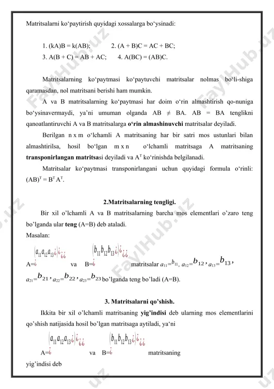 rlik matritsaning determinanti 1ga teng, ya‘ni |е|=1. istalgan а kvadrat matritsani uning tartibiga mos birlik matritsaga ko’paytirish natijasida o’sha matritsaning o’zi hosil bo’ladi, ya‘ni ае=еа=а. ikkita sonlardan kamida bittasi nol bo’lgandagina ularning ko’paytmasi nol bo’lishi ma‘lum. matritsalarni ko’paytmasi bunaqa xossaga ega emas, ya‘ni ikkita noldan farqli matritsalarning ko’paytmasi nol matritsa bo’lishi ham mumkin. masalan == 7.teskari matritsa. а kvadrat matritsaga teskari matritsa deb aв=ва=е shartni qanoatlantiruvchi в matritsaga aytiladi. а matritsaga teskari matritsa odatda а-1 kabi belgilanadi. har qanday kvadrat matritsaga teskari matritsa mavjudmi degan savolga quyidagi teorema javob beradi. 1-teorema. а kvadrat matritsaga teskari а matritsa mavjud bo’lishi uchun а matritsaning xosmas matritsa bo’lishi zarur va yetarlidir. isboti. zarurligi. faraz qilaylik а ga teskari а-1 matritsa mavjud bo’lsin. u holda аа-1=е, bo’ladi. bundan 0, ya‘ni а matritsaning xosmasligi kelib chiqadi. yetarliligi. osonlik uchun uchinchi tartibli а= xosmas matritsani qaraymiz. bu holda а-1= (2) matritsa а matritsaga teskari matritsa ekanligiga …