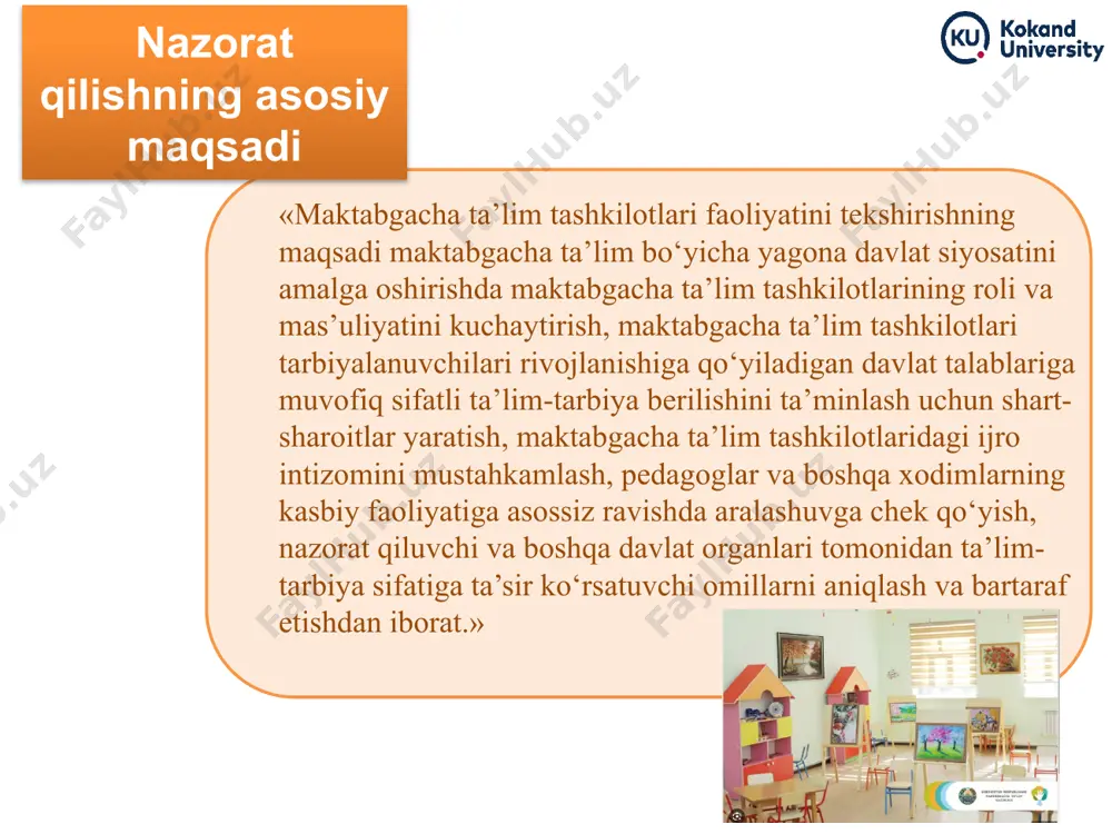 aliyot rahbari oldida hisobot berish). tekshirish yakunlari bo'yicha ma'lumotnoma yoki akt tuzish; maktabgacha ta’limni tashkil etish va uni rivojlantirishda ijobiy natijalari tajribalarini aniqlash, ularni amalda tatbiq etish yo'llarin ishlab chiqish, tavsiyanomalar ishlab chiqish; aniqlangan kamchiliklarni tahlil qilish, ularni yo'qotish uchun ko'rsatmalar, amalda yordam berish. jamoada muhokama qilish; nazorat qilishning asosiy usul va uslublari add your text add your text nazorat pedagogik va moliyaviy, xo'jalik ish hujjatlarni o'rganish va tahlil qilish; bolalar hayotini uyushtirish mashg'ulotlari, kun tartibining turli jarayonlarini kuzatish va tahlil; direktor, tarbiyachilar, ota-onalar va bolalar bilan (ularniig bilimi, ongi, nutqining rivojlanishini aniqlash maqsadida) suhbatlashish; « pedagogik kengash», «ishlab chiqarish majlislarida», ota-onalar kengashlarida ishtirok etish; jamoat tashkilotlari vakillari bilan suhbatlashishdan iborat. bolalar ishlarini tahlil qilish: nazorat kuzatish tematik nazorat frontal yalpi tahlil muntazam va tizimli ta’sir shaxsni shakllantirish ijtimoiy ongini yo’ naltirish dunyoqarashini shakillantirish frontal-yalpi tekshirishi tashkilotning kadrlar tarkibi, maktabgacha ta'lim dasturi talablarini bajarilishi, mudira va metodistning ta'lim-tarbiyaviy va metodik, …