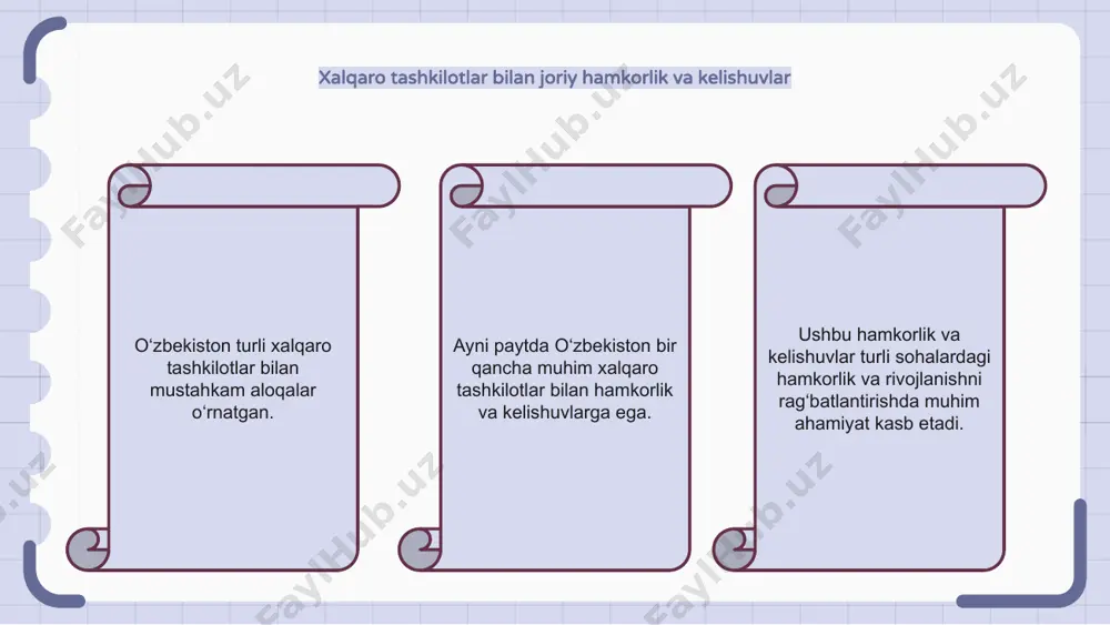 larining istiqbollari o‘zbekiston turli xalqaro tashkilotlar bilan mustahkam aloqalar o‘rnatgan. mamlakat kelgusida ushbu tashkilotlar bilan hamkorlikni yanada chuqurlashtirish va kengaytirishni maqsad qilgan. o‘zbekistonning xalqaro tashkilotlar bilan hamkorligi uning rivojlanishi va tashqi siyosiy maqsadlariga erishishda hal qiluvchi rol o‘ynaydi. e'tiboringiz uchun rahmat