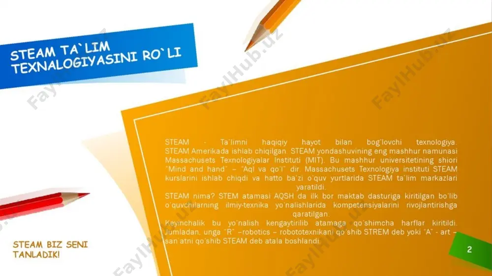 im maktabgacha yoshdan boshlab boshlanishi kerak, shuning uchun dasturlarni bolalar bog’chalariga kiritish kerak. fan tili ingliz tilidir. agar ilm-fanni o’rganish va olim bo’lishni istasangiz, bu tilni bilishingiz kerak. steam yondashuvi bolalarni tajribalar o’tkazishga, modellar tuzishga, mustaqil ravishda musiqa va filmlar yaratishga, o’z g’oyalarini haqiqatga aylantirishga va yakuniy mahsulotni yaratishga undaydi. ushbu ta’lim yondashuvi bolalarga nazariya va amaliy ko’nikmalarni samarali tarzda birlashtirishga imkon beradi va universitetga kirish va keyingi o’qishni osonlashtiradi. steam –ta’limining 10 ta afzallik tomoni bor. ta’lim berishni o‘quv fanlari bo‘yicha emas, balki “ mavzu” lar bo‘yicha integratsiyalab olib borish.steam –ta’limida fanlararo aloqa va loyihalash metodi birlashtirilgan bo‘lib, uning asosida tabiiy fanlarni texnologiyaga, muhandislik ijodiyotga va matematikaga integratsiya qilish yotadi. bunda muhandislik bilan bog‘liq kasblarga bo‘lgan tayyorgarlik amalga oshiriladi. ilmiy-texnik bilimlarni real hayotda qo‘llash.steam – ta’limida amaliy mashg‘ulotlar yordamida, bolalarga ilmiy-texnik bilimlaridan real hayotda foydalanish namoyish qilinadi. har bir darsda o‘quvchilar zamonaviy industriya modellarini ishlab chiqadi, quradi va modelni …