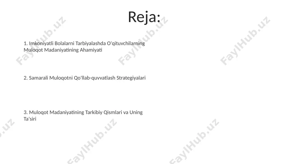 lash bo'yicha 5 dan ortiq yaxshi amaliyotlar almashinadi. muvaffaqiyatli muloqotning natijalari muvaffaqiyatli muloqot o'quvchilarning 30% ga yaqinini o'zlashtirish darajasini oshirib, akademik ko'rsatkichlarining yaxshilanishiga olib keladi. inklyuziv ta'lim muhitida muvaffaqiyatli muloqot, nogiron bolalarning 65% da o'ziga bo'lgan ishonchning oshishi va ijtimoiy moslashuvchanlikning yaxshilanishiga olib keladi. noverbal muloqotning ahamiyati noverbal signallar, masalan, tana tili va ko'z aloqasi, o'qituvchilarga bolaning his-tuyg'ularini, masalan, xavotir yoki tashvishni aniqlashga yordam beradi va shunga mos ravishda munosabatda bo'lish imkonini beradi. effektiv nonverbal muloqot 80% gacha o'quv jarayonini yaxshilashi mumkin, chunki u ishonch va ijobiy munosabatlarni yaratadi, ayniqsa, maxsus ehtiyojlarga ega bolalar bilan ishlashda. muloqot madaniyatini rivojlantirish usullari muloqot madaniyatini rivojlantirishda o'qituvchilarni 5 ta asosiy kompetensiya bo'yicha treninglar o'tkazish, jumladan, muloqot uslublari, faol tinglash va nutqni rivojlantirish bo'yicha amaliy mashg'ulotlar samarali hisoblanadi. kamida 30 soatlik interaktiv seminarlar orqali inklyuziv ta'limga oid metodologiyalarni o'rgatish, shu jumladan, individual ehtiyojlarni aniqlash va bolalar bilan samarali hamkorlik qilish bo'yicha ko'nikmalarni rivojlantirish muhimdir. …