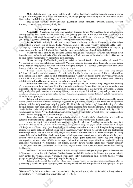ar roli osha borishiga olib kelgan. matriarxat (ona urug`i hukmronligi) dan patriarxat (ota urug`i hukmronligi) ga o’tilishi va bu asosda vujudga kelgan yangi ijtimoiy munosabatlar diniy tasavvurlarda ham o’z aksini topgan. natijada erkak xudolar haqidagi tasavvurlar birinchi o’ringa chiqqan. urf-odat va marosimlarni uyushtirish va bajarish ham erkaklarning ishi bo’lib qolgan. shu tariqa ajdodlarga, urug`, qabila boshliklariga sig`inish kuchaya borgan. diniy mifologiyadagi ota xudo qabilga hayoti va faoliyatida eng qudratli homiy hisoblangan. ibtidoiy jamoa tuzumining yemirilgan va sinfiy tabaqalanish boshlangan davrda xudolar haqidagi tasavvurlarning shakllanishi ular bilan bog`liq bo’lgan urf-odat va marosimlarda ham muayyan o’zgarishlar bo’lishiga olib kelgan. dehqonchilik bilan shugullanadigan qadimiy xalqlarda xalok bo’lib, qayta jonlanadigan mavjudot xudolariga sig`inish, yer, suv, samoviy jismlarni ilohiylashtirish, shular bilan bog`liq bo’lgan qurbonlik kilish marosimlari paydo bo’lgan. ammo ibtidoiy jamoa tuzumi davrida din jiddiy o’zgarishlarga uchragan bo’lsa ham, muayyan bir tizimga aylana olmagan. urug`-qabila dinlariga xos diniy ibodat-marosimlar osiyo, afrika, janubiy amerika va okeaniyada …
