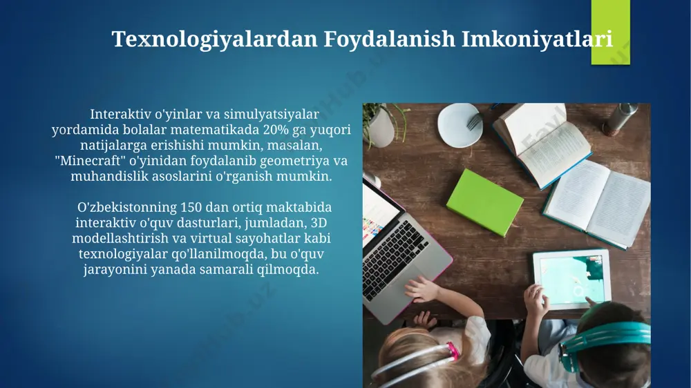 shkentdagi eksperimental maktabda oʻtkazilgan tadqiqotlar shuni koʻrsatdiki, muloqot koʻnikmalariga ega boʻlgan 85% oʻquvchilarning oʻzlashtirish koʻrsatkichlari 15% ga yuqori boʻldi. o'z-o'zini baholash va o'z-o'zini nazorat qilish samarqand viloyatida o'tkazilgan sotsiologik so'rovnomalar shuni ko'rsatdiki, o'z-o'zini baholash va nazorat qilish bo'yicha mashg'ulotlar o'tkazilgan 150 nafar o'quvchining 85% o'qishdagi natijalarini yaxshilashga erishgan. o'zbekiston respublikasining davlat ta'lim standartlari talablariga ko'ra, boshlang'ich ta'limda o'z-o'zini baholash va nazorat qilish ko'nikmalarini shakllantirish 3 ta asosiy bosqichda amalga oshiriladi va har bir bosqichda 2-3 ta o'yin texnologiyalaridan foydalanish tavsiya etiladi. bolaning faol qatnashuvini ta'minlash andijon shahridagi 200 nafar 1-sinf o'quvchilarini jalb qilgan loyihada, interaktiv metodlar (masalan, kichik guruhlarda ishlash) natijasida o'quvchilarning darsga bo'lgan qiziqishi 40% ga ortdi. bolalarni faol qatnashuvini ta'minlash uchun, 5-sinf o'quvchilari bilan toshkentdagi maktabda o'tkazilgan tadqiqotlar shuni ko'rsatdiki, o'yinlar orqali o'rgatish 30% ga samaradorlikni oshirgan. ijodiy qobiliyatlarni yetaklash ijodkorlikni rivojlantirishda samarqanddagi 5-sinf o‘quvchilari bilan o‘tkazilgan 3 ta interaktiv darsdan so‘ng, o‘quvchilarning ijodiy yozuv ko‘nikmalari 20% ga …