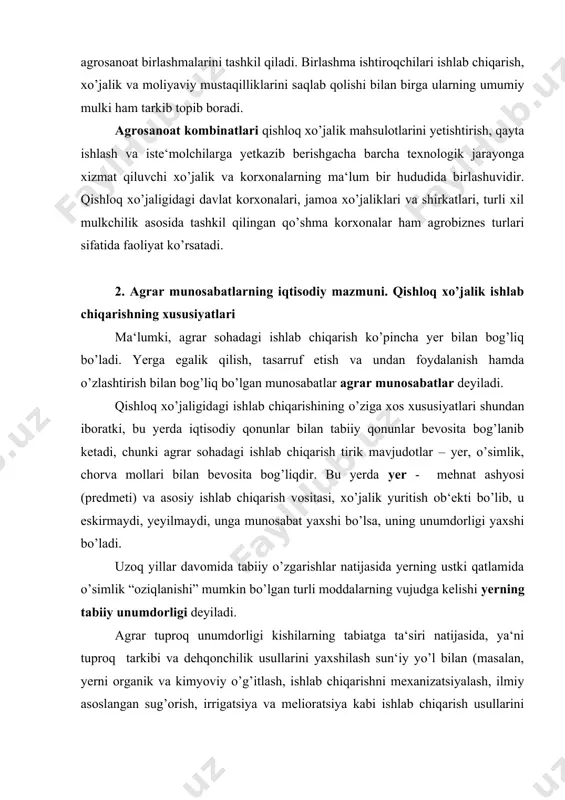 gan asoslardagi yoki qonun hujjatlarida belgilangan tartibdagi egalik huquqini tan olinishini bildiradi. yerga egalik kishi deganda avvalo yerga bo’lgan mulkchilik va uni iqtisodiy jihatdan realizatsiya qilish ko’zda tutiladi. yerga egalikni yeri bo’lgan mulkdor yoki davlat amalga oshiradi. yerdan foydalanish huquqi – bu o’rnatilgan urf-odatlar yoki qonuniy tartibda undan foydalanishni bildiradi. qishloq xo’jaligi ishlab chiqarishda ham to’rt omil – yer, kapital, tadbirkorlik qobiliyati, ishchi kuchi qatnashadi. bunda yer muhim ishlab chiqarish vositasi sifatida ishtirok etadi. bu omillarni barchasini harakatga keltirish ishchi kuchi omiliga bevosita bog’liqdir. kapital foyda yoki foiz, yer esa renta yaratadi degan tushunchalar – xato fikr-mulohazalardir, uni barchasini jonli mehnat egasi bo’lgan ishchi kuchi yaratadi. aytish mumkinki, ishchi kuchi - moddiy vositalarni harakat keltiruvchi ishlab chiqarishning ustuvor omilidir. 3. renta munosabatlari yer rentasi - yer egaligini iqtisodiy jihatdan amalga oshirish (realizatsiya qilish)ning shaklidir. yer rentasining bir qancha tarixiy ko’rinishlari mavjud. masalan, uch shaklida bo’lgan barshina (ishlab berish), obrok berish …