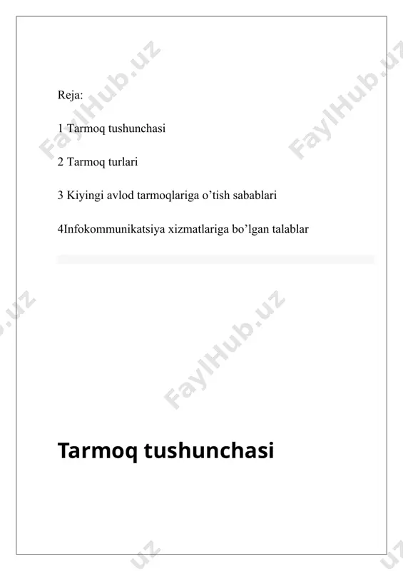 ahar qamrovidagi tarmoq. 1000 metr masofani o'zida qamrab oladi va o'zida 1000 ta foydalanuvchilarni o'ziga birlashtiradi. 5. wan (wide area network) – global kompyuter tarmog'i hisoblanadi. million abonentlarni o'zida birlashtiradi (internet). osi va tcp/ip tarmoqni ishlashi uchun esa bizga osi modeli va tcp/ip protokollar steki zarur hisoblanadi. osi (open system interconnection) modeli 7ta pog'onadan iborat va har bir pog'ona paket (ma'lumot uzatishning bir turi hisoblanadi) hosil qilishda o'z belgisini qo'yib boradi. ya'ni bunda agar ma'lumot biror qurilmadan chiqib ketishdan oldin 7-pog'onadan boshlab pastki pog'onaga tushib borib paket ko'rinishiga keladi va uzatiladi. ikkinchi kompyuter uni qabul qilib olgandan so'ng esa 1-pog'onadan boshlab yuqoriga qarab chiqib boradi va ma'lumot ko'rinishiga keladi. bunda agar qaysidir pog'onada xatolik bo'lsa, paket qaytadan so'raladi yoki so'rov bekor qilinadi (bu tushunchalar nisbiy hisoblanib, ma'lumot almashinuv aynan aytilganidek amalga oshirilmaydi). osi modelining 7ta pog'onasi: osi modeli etalon model bo'lib, bu faqat nazariy jihatdan mavjud. hozirgi kunda bu model …