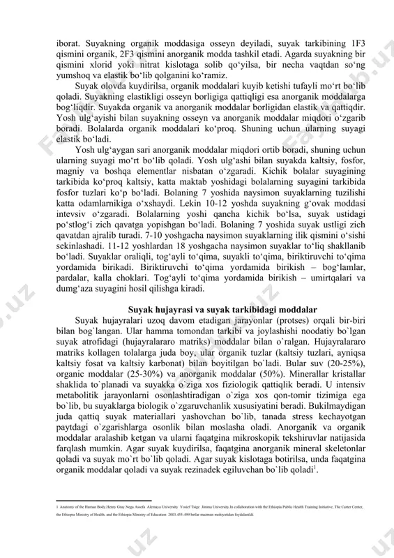 kiradi. naysimon suyuqlar orasida uzun (elka suyagi, bilak, tirsak suyaklari, son suyagi, boldir suyaklari) bor. har bir naysimon suyakning tanasi (diafizi) va ikki uchi (epifizlari) tafovut qilinadi. yassi suyaklarning shakli turli xil bo‘ladi. ularga kallaning qoplovchi suyaklari, kurak va chanoq suyaklari kiradi. aralash suyaklar turli shaklga ega bo‘ladi. bularga muskullar, paylar, boylamlar birikadi yoki tomirlar, nervlar o‘tadi. suyak qo’shuvchi to‘qimaga kirib ikki xil kimyoviy modda: organic va anorganik moddalardan iborat. suyaklarning yuzasida g‘adir-budir dumboq, qirra, teshiklar, egatlar bo‘ladi. bularga muskullar, paylar, boylamlar birikadi yoki tomirlar, nervlar o‘tadi. suyak qo‘shuvchi to‘qimaga kirib ikki xil kimyoviy modda: organik va anorganik moddalardan iborat. suyakning organik moddasiga osseyn deyiladi, suyak tarkibining 1f3 qismini organik, 2f3 qismini anorganik modda tashkil etadi. agarda suyakning bir qismini xlorid yoki nitrat kislotaga solib qo‘yilsa, bir necha vaqtdan so‘ng yumshoq va elastik bo‘lib qolganini ko‘ramiz. suyak olovda kuydirilsa, organik moddalari kuyib ketishi tufayli mo‘rt bo‘lib qoladi. suyakning elastikligi osseyn …