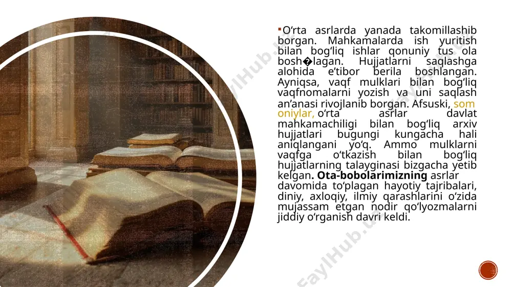 uchun ham asos bo‘ladi. vaqfnoma asosan ollohga hamd va payg‘ambar muhammad (s.a.v) salavot so‘zlari bilan boshlanadi. ismoil somoniy vaqfnomasi orqali ismoil somoniyning nima sababdan o‘z avlodlari foydasiga buxoro viloyati atrofidagi bir qator qishloqlar va boshqa yerlarni vaqf sifatida ta’sis etganligini, joy nomlarini, ayniqsa qishloqlarning toponimikasini, somoniylar sulolasi shajarasini, somoniylarning kelib chiqishini, markaziy osiyo va xuroson o‘lkalarida joylashgan davlat, viloyat va shaharlar toponimlarini, o‘sha davr qozilarining ish yuritish uslublarini, umuman o‘rta asr sud-huquq ishlari faoliyatini, buxoroda qozilik ishlari qanday yo‘lga qo‘yilganligini, somoniylar sulolasi inqirozining sabablarini, buxoroning iqtisodiy – siyosiy, madaniy va ijtimoiy hayotini, somo�niylar sulolasining markaziy osiyo xalqlari hayotida tutgan o‘rnini va uning ahamiyatini aniqlash mumkin. vaqf hujjatlarini dastlab 1950- yilda taniqli sharqshunos olima o.d. chexovich ilmiy muomalaga olib kirgan. 1951-yilda u o‘zrfa abu rayhon beruniy nomli sharqshunoslik institutida saqlanayotgan 527 “a” raqamli hujjat bo‘yicha maqola e’lon qiladi. “xiii asr buxoro vaqfi” kitobida ham ismoil somoniy vaqfnomasi haqida to‘xtalib o‘tilib, bu …