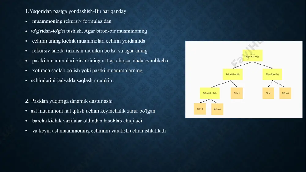 sing namespace std; int main(){ int m; cout > m; //massiv elementlari soni; float *b = new float[m]; //element haqiqiy sonlar bo'lgan m ta elementli dinamik massiv; for (int j = 0; j > b[j]; // bir o'lchamli massivni to'ldirish cout<<" bir o'lchamli dinamik massiv"<<endl; for (int j = 0; j < m; j++) cout<<b[j]<<" "; delete [] b;//xotira bo'shatildi cout<<"\n xotira bo'shatildi"; return 0; } dinamik ma’lumotlar tuzilmasi statik ma’lumotlar tuzilmasi vaqt o’tishi bilan o’z o’lchamini o’zgartirmaydi. biz har doim dastur kodidagi statik ma’lumotlar tuzilmasiga qarab ularning olchamini bilishimiz mumkin. bunday ma’lumotlarga teskari ravishda dinamik ma’lumotlar tuzilmasi mavjud bo’lib, bunda dastur bajarilishi davomida dinamik ma’lumotlar tuzilmasi o’lchamini o’zgartirishi mumkin. dinamik ma’lumotlar tuzilmasi – bu qandaydir bir qonuniyatga asoslanib shakllangan, lekin elementlari soni, o’zaro joylashuvi va o’zaro aloqasi dastur bajarilishi davomida shu qonuniyat asosida dinamik o’zgaruvchan bo’lgan ma’lumotlar tuzilmasidir. dinamik ma’lumotlar tuzilmasi klassifikatsiyasi e’tiboringiz uchun rahmat image2.png image3.png image4.png image5.png