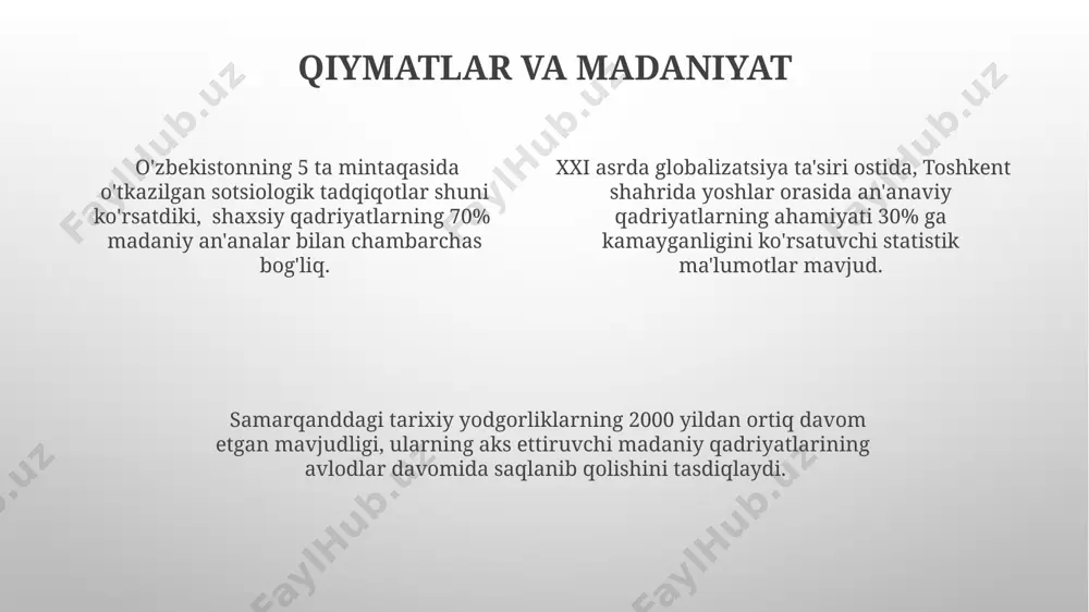 arni o'rganish mumkin. axiologiya estetik qadriyatlarni, masalan, 18-asr parijdagi san'at asarlarining go'zalligi va mukammalligi kabi, 5 ta asosiy mezon asosida tahlil qilishga yordam beradi. 3 ta asosiy axloqiy nazariya (utilitarizm, deontologiya va fazilat etika) estetik qadriyatlarni baholashda turli xil yondashuvlarni namoyon qiladi, bu esa 20-asrning oxiridagi badiiy tanqidlarida yaqqol ko'rinadi. qiymatlarning turlari qiymatlarning 3 ta asosiy turi mavjud: instrumental (vositalar), intrinsik (o'ziga xos) va ekstrinsik (tashqi) qiymatlar. masalan, 1000 yillik tarixi bo'lgan samarqanddagi registon maydoni intrinsik, turizm uchun esa instrumental qiymatga ega. qiymatlar iyerarxiyasi shaxsning 7 ta asosiy ehtiyojlari, maslovning ehtiyojlar iyerarxiyasi kabi, individual va jamiyat uchun muhim bo'lgan qadriyatlarni tartiblashda muhim rol o'ynaydi. bu tartib, mamlakatning rivojlanish darajasiga qarab farq qilishi mumkin. axiologiya 2 ta asosiy yondashuvni o'z ichiga oladi: ob'ektiv va sub'ektiv. ob'ektiv qiymatlar, masalan, 5 ta inson huquqlari, butun dunyo uchun universal hisoblanadi. sub'ektiv qiymatlar esa, madaniyatga bog'liq holda farqlanadi. qiymatlar va inson hayoti global miqyosda, 2023-yilgi …