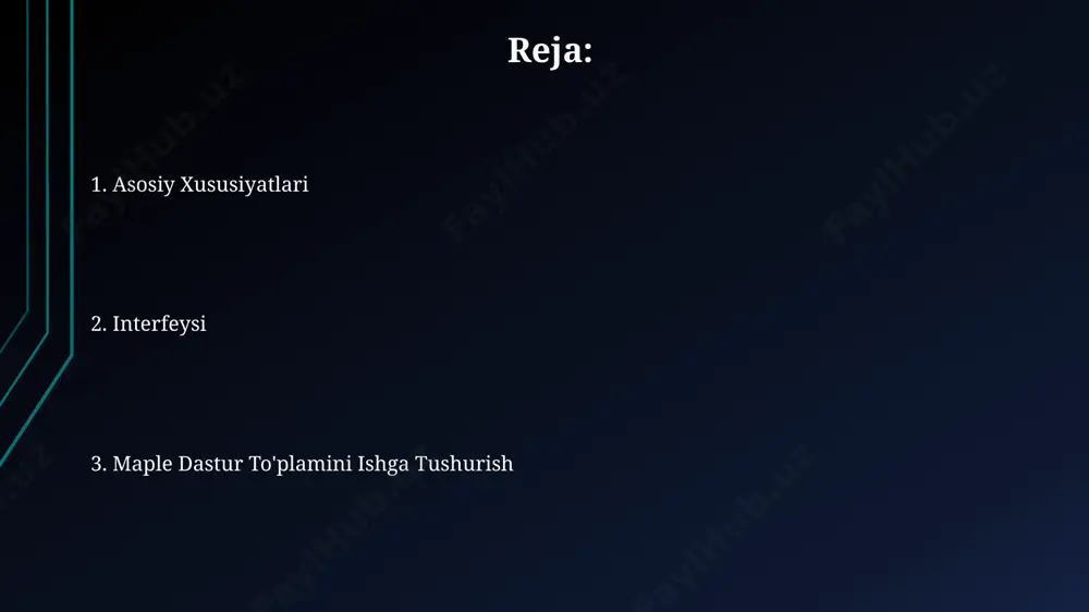 ud boʻlib, bu aniq sonli natijalarga nisbatan yuqori aniqlikka ega boʻlgan tahlillarni olib borish imkonini beradi. hisoblash va analitik funktsiyalar simvolik hisoblashlarni amalga oshirish uchun "hisoblash va analitik funktsiyalar" moduli 3 o'zgaruvchili tenglamalarni, 2-tartibli differentsial tenglamalarni va murakkab sonlar bilan amallarni qo'llab-quvvatlaydi. modulning yuqori aniqlikdagi hisoblashlari 15 ta aniqlik raqamiga ega bo'lib, ilmiy va muhandislik hisob-kitoblarida yuqori ishonchlilikni ta'minlaydi. ishchi maydon va uning imkoniyatlari interfeys 5 ta asosiy moduldan iborat bo'lib, har biri o'ziga xos vazifalarni bajarishga mo'ljallangan va foydalanuvchilarga intuitiv navigatsiya imkoniyatini beradi. ishchi maydon 1000 dan ortiq faylni bir vaqtning o‘zida ochish imkoniyatini taqdim etadi, bu esa foydalanuvchilarga katta hajmdagi loyihalar ustida samarali ishlashga yordam beradi. xatolarni topish va tuzatish maple'ning xatoliklarni qidirish va tuzatish tizimi 99% gacha aniqlik bilan xatolarni aniqlaydi va dastur kodining ishonchliligini oshiradi. xatolarni tuzatish jarayoni interaktiv bo'lib, 10 ga yaqin turli xil tuzatish usullarini taklif qiladi va foydalanuvchi xato manbasini aniqlashda yordam beradi. …