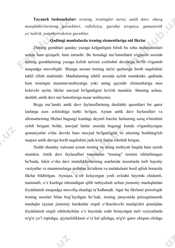 ar bildirilgan. ayniqsa, o’sib kelayotgan yosh avlodni hayotda chidamli, matonatli, o’z kuchiga ishonadigan qilib tarbiyalash uchun jismoniy mashqlardan foydalanish maqsadga muvofiq ekanligi ta’kidlanadi. agar bu fikrlami psixologik trening asoslari bilan bog’laydigan bo’lsak, trening jarayonida psixogimnastik mashqlar (aynan jismoniy harakatlar orqali o’tkaziluvchi mashg'ulot qismijdan foydalanish orqali ishtirokchilar o’z hayotida sodir boiayotgan turli vaziyatlarda to'g'ri yo’l topishga, qiyinchiliklami o’zi hal qilishga, to'g'ri qaror chiqara olishga yordam beruvchi ko'nikma va malakalami hosil qilishagi. aynan shunga oid fikrlar qadimgi manbalarda ham aks etgan. bundan tashqari qadimgi manbalardan o’qib bilishimiz mumkinki, qadimgi rimda ma’lum bir hududga tegishli muammolarni hal etish uchun oqsoqollar kengashlari tuzilgan va ular kengash muhokamasida dumaloq holatda o’tirishgan. bu holatda o’tirish trening o'tkazishning muhim jihatlarida ta’kidlangan dumaloq stul shaklida o'tirishga asos solgan boisa, ehtimol. yana bir misol, qadimgi rimda ritsarlaming yig'ilishlari ham dumaloq stol atrofida bo'lih o'tgan. bu ham yuqoridagi holatni ifodalashga asos boiadi. bu fikrlarda aynan fanning asoslari hamda unga tegishli …