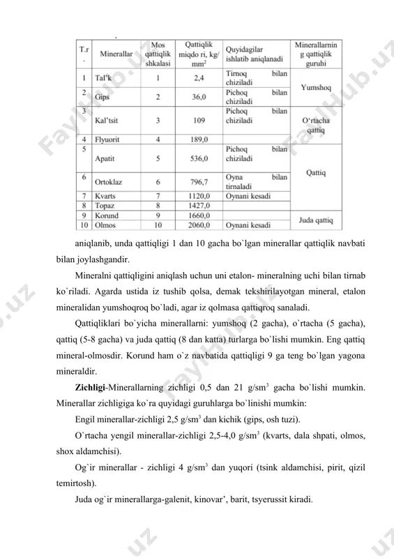 ) xususiyati xosdir. tabiatda ko`p uchraydiganlaridan; kal’tsit (ohak shpati, tiniqlari-island shpati) caco3, dolomit camg(co3)2 va sidyeritdir (temir shpati) feco3. sul’fatlar-sul’fat kislota tuzlari birikmasi ko`rinishidadir. ular suvli va suvsiz bo`lishi mumkin. suvsiz sul’fatlarga, barit baso4 (og`ir shpat), angidrit caso4(gips uchun xom ashyo) kiradi. suvlilarga-gipstosh caso4 •2h2o, mirabilit na2so4 10 h2o, alunit kal3[oh6 (so4)2 larni kiritish mumkin. galoidlar-galoidvodorod kislotaning tuzlaridir (hcl, hf, hbr). eng ko`p tarqalgan galoid minerallaridan xlorid kislota birikmalari bo`lgan-osh tuzi (nacl) va sil’vindir (kcl). yuqorida nomlari qayd etilgan minerallar yumshoq, katta zichlikka ega emas, ko`pincha oq rang ko`rinishida, lekin begona aralashmalar ta’siri tufayli rangi o`zgarishi mumkin, suvda oson yeruvchan bo`ladi. fosfatlar-fosfat kislotaning tuzlaridir. eng ko`p tarqalgan apatit va uning gilli va qumli aralashmasi- fosforitdir. guruh minerallari ko`p tarqalgan emas, ular turfa rangda bo`lib, qattiq sanaladi. sul’fidlar-yer qobig`ida rudali minerallar, sul’fidlar, oksidlar va gidrooksidlar ko`p uchraydi. maxsus guruhni, sof holda tabiatda uchraydigan yerkin atomdan tashkil etilgan kristalli metallar va nometallar-sof …