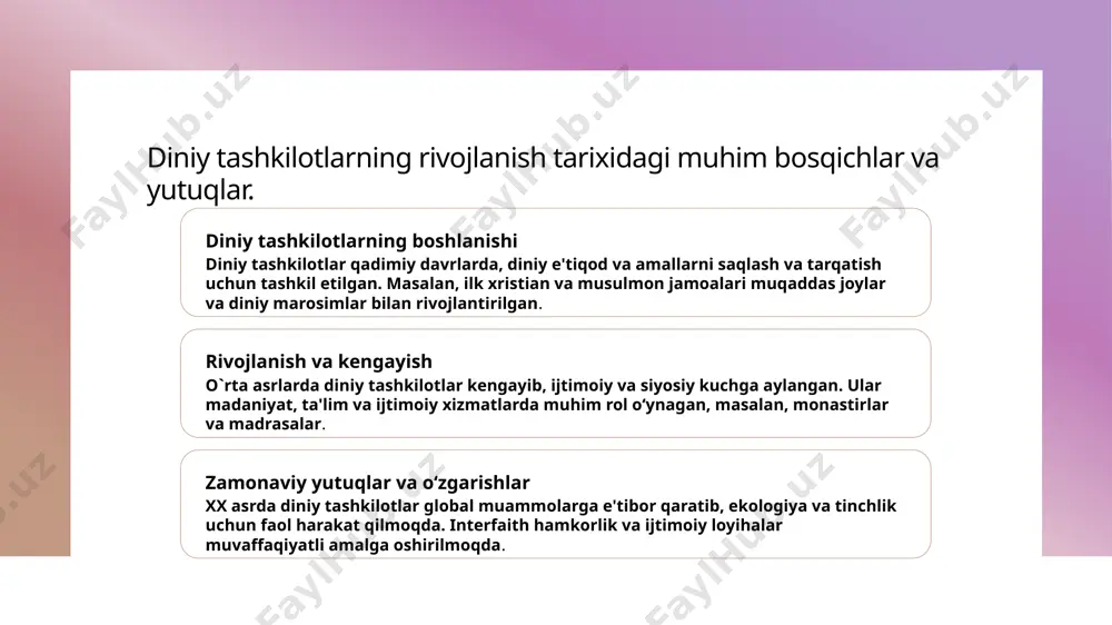 iy identitetni mustahkamlashadi. 2 ijtimoiy va madaniy identitet diniy tashkilotlar jamiyatda madaniy va diniy identitetni shakllantiradi, yosh avlodga o'z an’analari va qadriyatlarini olib keladi, milliy birdamlikni ta’minlaydi. 3 madaniy almashuv va hamkorlik diniy tashkilotlar xalqaro madaniy almashuvlarni rivojlantiradi, turli diniy va madaniy guruhlar o'rtasida hamkorlikni kuchaytiradi, tarixiy do'stlikni mustahkamlaydi. diniy tashkilotlarning ekologik masalalardagi faoliyati va ekologik barqarorlikka ta'siri. 1 diniy faoliyat va ekologiya diniy tashkilotlar ekologik muammolarga e'tibor qaratib, tabiatni muhofaza qilish uchun diniy ta'limotlar va amaliy choralar olib boradi. masalan, ekologik mas'uliyat diniy qadriyatlar bilan bog'lanadi. 2 ekologik tashabbuslar ko'plab diniy tashkilotlar ekologik tashabbuslar, masalan, o'rmonlarni saqlash va suv resurslarini muhofaza qilish, orqali barqaror rivojlanishga hissa qo'shmoqda. bu harakatlar jamiyatda ekologik ongni oshiradi. 3 tarixiy va zamonaviy misollar tarixda va hozirda, masalan, islomda "yaxshi tabiatni saqlash" prinsipi muhim. zamonaviy diniy harakatlar ekologik muammolar bilan kurashishda muhim rol o'ynaydi. xalqaro diniy tashkilotlarning jamiyatdagi ijtimoiy adolat va tinchlikni ta'minlashdagi roli. ijtimoiy …