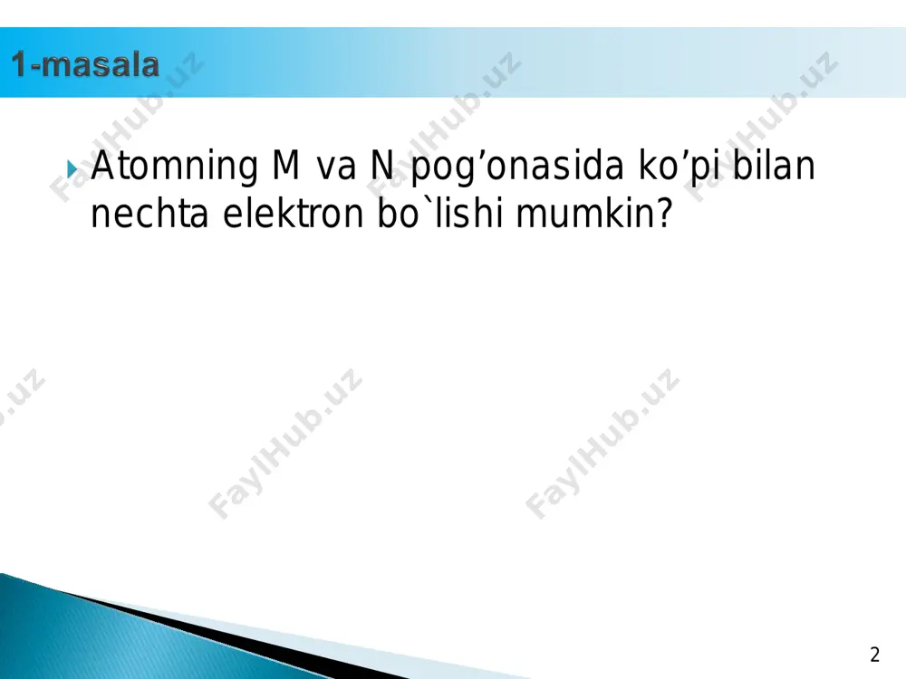 ntning oxirgi elektronining kvant soni qiymati n=3; l=2; ml =x; ms =-1/2. agar shu qiymatlar yig’indisi 2,5 ga teng bo’lsa, noma’lum elementni aniqlang. ________________________________________  noma’lum elementning oxirgi elektronining kvant soni qiymati n=3; l=2; ml =x; ms =-1/2. agar shu qiymatlar yig’indisi 3,5 ga teng bo’lsa, noma’lum elementni aniqlang. 1 2  slayd oxiri. kvant sonlari слайд номер 2 слайд номер 3 слайд номер 4 слайд номер 5 слайд номер 6 слайд номер 7 слайд номер 8 слайд номер 9 слайд номер 10 слайд номер 11 слайд номер 12