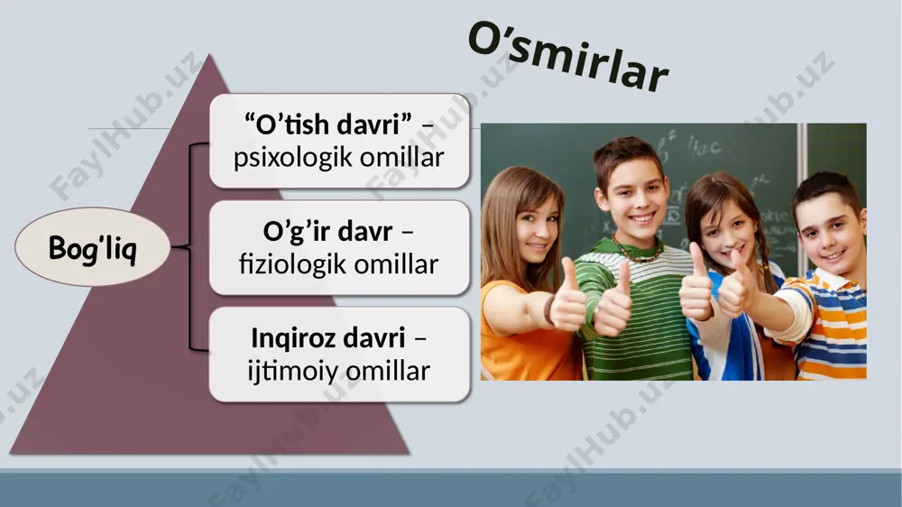 boshlaydi. oʼsmir xulq-atvorini baholashda (ragʼbatlantirish yoki jazolashda) kattalarning qatʼiyatliligi, printsipialligi sinchkov oʼquvchi tomonidan tahlil qilinadi va qoʼllangan tadbirning toʼgʼri yoki notoʼgʼri ekanligi yana bir marta tekshiriladi. oʼsmir shaxsining tarkib topishida axloq oʼziga xos, ong alohida ahamiyat kasb etadi. psixologlar oʼtkazgan tadqiqotlardan koʼrinadiki, oʼsmirlarning koʼpchiligi qatʼiyatlilik, kamtarlik, magʼrurlik, samimiylik, mehribonlik, dilkashlik, adolatlilik kabi maʼnaviy, axloqiy tushunchalarni toʼgʼri anglaydilar. oʼsmirlarning ideallari, negizida orzu, maqsad va ularni roʼyobga chiqarish rejalari namoyon boʼla boshlaydi. muayyan kasbga mayl va qiziqish tugʼiladi. orzu-istaklar rang-barangligi bilan bir-biridan keskin ajralib turadi. oʼsmirlar mulohazasini tadqiq qilish ularda ahloqiy tushunchalar baravar tarkib topmasligini koʼrsatdi. а.i.maliovanov oʼsmirlarni toʼrtta guruhga ajratadi: 1) xatti-harakatda oʼzlari anglagan, ijobiy qoidalarga tayanib ish tutadigan, soʼzi bilan ishi mos oʼsmirlar; 2) axloqiy tushunchalari qiliqlariga mos keladigan oʼsmirlar; 3) xatti-harakatlari axloqiy normalar haqidagi bilimlari bilan ajralib turadigan shu bilimlarga mos harakat qilmaydigan oʼsmirlar; 4) oʼzlari biladigan axloqiy talablar bilan, kundalik xulq-atvorning aloqasini tushunmaydigai oʼsmirlar. foydalanilgan adabiyotlar: 1. nishanova, …