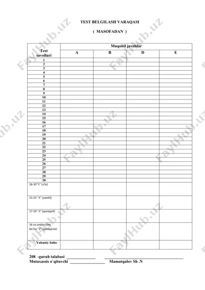 test belgilash varaqasi — DOCX