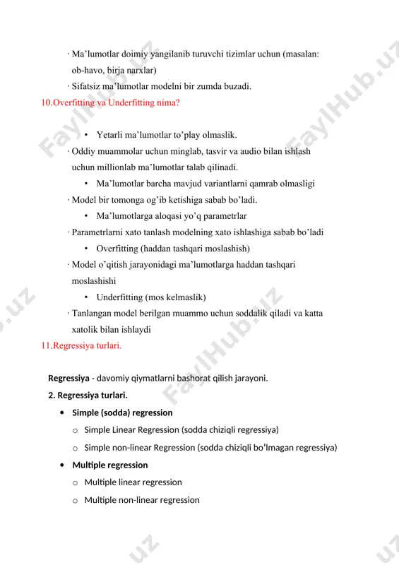 biyalash) uchun odatda 70%-80% ma’lumotlar ajratiladi qolgan 20-30% ma’lumotlar asosida model test qilinadi. sickit-learning qulaylik tarafi train_set va test_set ga ajratish tayyor modul yordamida amalga oshiriladi. bu sklearn.model_selection ning ichidagi train_test_split metodi yordamida bajariladi. modelni qurishda 80% ma’lumot train_set uchun 20% malumot test_set uchun ajratiladi. 14. chiziqli bog’liqlik qanday aniqlanadi va bu tushunchani tushuntiring. oddiy chiziqli regressiyani (slr) qullash uchun ustunlar o‘rtasida chiziqli bog‘liqlik bo‘lishi zarur. quydagi rasmda uylarning ulchami (size) oshganda ularning narhi (price) ham mos ravishda oshadi, yoki aksincha. 1.3.3-rasm 3. chiziqli bog‘liqlikni aniqlash. bashorat qilish uchun datasetdagi bashorat qilinishi kerak bo‘lgan ustun bilan eng yuqori korrelyatsiyaga (chiziqli bog‘liqlik) ega ustunni quydagi corrwith() funksiya orqali topish mumkun. ya’ni price ustuni qaysi ustun bilan manfiy yoki musbat yuqori korrelyatsiyaga ega ekanligini quydagicha aniqlash mumkun. 1.3.4-rasm bu yerda size ustuni tanlanganligining sababi karrelyatsiyasi 1 ga enga yaqin son bo‘lgani uchun, musbat korrelyatsiya [0;1] oraliqda bo‘ladi va 1ga qanchalik yaqin son …