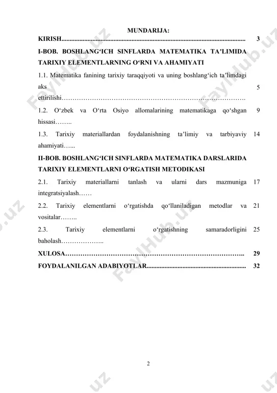 ka fani — aniqlik, mantiqiy fikrlash va muammolarni hal etish ko‘nikmalarini shakllantiruvchi asosiy fanlardan biridir. biroq uni faqatgina raqamlar va formulalar to‘plami sifatida taqdim etish oʻquvchilarda zerikish, qiziqishning pasayishiga olib kelishi mumkin. shu sababli, boshlang‘ich sinflarda matematika fanini o‘qitishda tarixiy yondashuv, yaʼni matematik tushunchalarning paydo bo‘lishi, rivojlanish jarayoni, ularni kashf etgan allomalar haqida qisqacha maʼlumotlar berish orqali darslarni mazmunan boyitish maqsadga muvofiqdir. bu yondashuv orqali nafaqat matematik bilimlar beriladi, balki o‘quvchilar tarixiy merosga hurmat, milliy g‘urur, vatanga sadoqat kabi muhim fazilatlarni ham o‘zlashtiradilar. tarixiy elementlar orqali matematika faniga qiziqishni oshirish, o‘quvchilarning dunyoqarashini kengaytirish, ularni ilmiy fikrlashga undash imkonini beradi. shu bilan birga, o‘zbek va jahon olimlarining matematikaga qo‘shgan hissasini tanishtirish orqali yoshlar qalbida milliy o‘zlikni anglash, tarixiy merosga hurmat tuyg‘ulari shakllanadi. bu esa taʼlimning nafaqat bilim beruvchi, balki tarbiyaviy vazifasini ham samarali amalga oshiradi. mazkur kurs ishi aynan boshlang‘ich sinf matematika taʼlimida tarixiy materiallardan foydalanish imkoniyatlari, usullari, hamda ularning taʼlimiy …