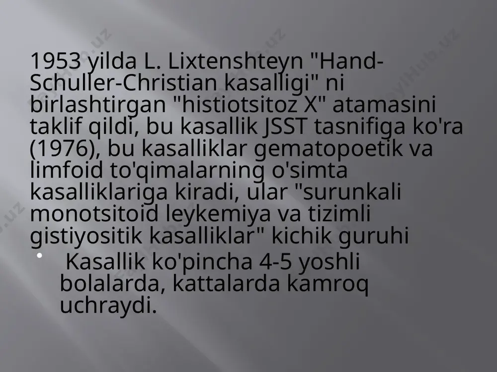 mumiy lezyonlari uchun antineoplastik vositalar buyuriladi vinblastin, siklofosfamid (siklofosfamid), xlorbutin (leu-keran), prednizon, merkaptopurin, metotreksat; ba'zi hollarda - ularning aralashmalari. ko'pgina hollarda prognoz ijobiydir. o'pkaning shikastlanishi va interkurrent kasalliklarning qo'shilishi bilan yomonlashadi. profilaktika ishlab chiqilmagan. etiboringiz uchun raxmat image2.jpeg image3.jpeg /docprops/thumbnail.jpeg