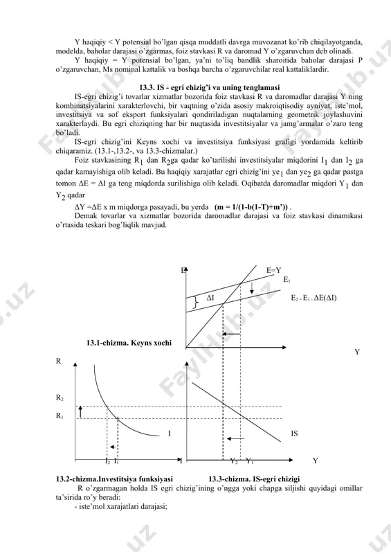 uman yalpi xarajatlar kamayishi ad-as modelida ko’zda tutilgan edi. is-lm modeli ad-as modelini qisqa muddatli davrga aniqlashtiradi va bu modelda har ikkala bozor yagona makroiqtisodiy tizimning sektorlari sifatida namoyon bo’ladi. model’ bu sektorlarda tarkib topgan sharoitlarga bog’liq tarzda foiz stavkasi r bilan daromad darajasi y ning muvozanatli darajasini belgilaydi. 13.2. modelning asosiy tenglamalari. is-lm (investitsiya - jamg’armalar, likvidlilikning afzalligi - pul) modeli foiz stavkasi r bilan daromadlar y ning bir vaqtning o’zida har ikkala bozorda muvozanatni ta’minlaydigan kombinatsiyalarini topish imkonini beradi. modelning asosiy tenglamalari quyidagilar: 1. y=c +i + g +xn — asosiy makroiqtisodiy ayniyat. 2. c = a+b (y-t) — iste’mol funksiyasi, bu yerda t = ta + ty. 3. i = e-dr — investitsiya funksiyasi. 4. xn = d- m`y - nr — sof investitsiya funksiyasi. 5. m/p =ky - hr — pulga talab funksiyasi. is-lm modelida ko’rilgan barcha tenglamalar bajarilsa muvozanatga erishiladi. modelning endogen o’zgaruvchilari y,c,i,xn va …