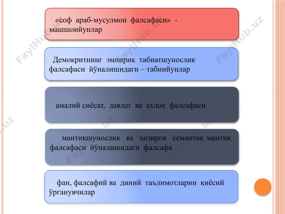 га бўлиб, бу босқичларнинг ўзаро боғлиқлигини, ақлий билим ҳиссий билишсиз юзага келмаслигини алоҳида таъкидлайди. у инсон билиш жараёнининг бу босқичларини инсондаги «ташқи қувват» ва «ички қувват»лар билан изоҳлайди. «ташқи қувватлар» бевосита ташқи таъсирлар орқали сезги аъзоларида вужудга келадиган сезгилардир. улар 5 турли: тери-бадан сезгиси, таъм билиш сезгиси, ҳид билиш сезгиси, эшитиш сезгиси, кўриш сезгиси. ҳиссий билиш («қувват ҳиссия»), деб номлайди «ички қувват»га эса у эсда олиб қолиш (хотира), ҳаёл (тасаввур), ҳис-туйғу нутқ (фикрлаш) «қувватлари»ни киритади. «ички қувват» деганда у инсоннинг ақлий билиш босқичини тушунади. асарларидаги фикрлари «илм ва санъатнинг фазилатлари»- инсоннинг табиатни билиши чексизлигини, моҳият (жавҳар)ни билишга қараб боришини айтади. «ақл маънолари ҳақида»- ақл, бир томондан, руҳий жараён, иккинчи томондан, ташқи таъсир, яъни таълим-тарбиянинг натижаси, ақл фақат инсонгагина хос бўлган руҳий куч билан боғлиқ қобилият. «фозил шаҳар аҳолисининг маслаги»- ҳар бир инсон табиатан шундай тузилганки, у яшаш ва олий даражадаги етукликка эришмоқ учун кўп нарсаларга мухтож бўлади, у бир ўзи …