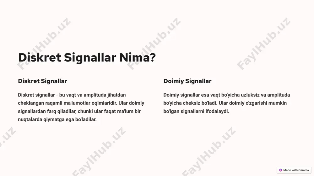 langan bo'ladi. matematik modellar diskret signallar matematik usullar, formulalar va tenglamalar orqali ham tavsiflanishi mumkin. bu ularga matematik tahlil va qayta ishlash imkonini beradi. spektral tahlil diskret signallarning tarkibiy kenglik va tezlik komponentlari fourier preobrazoni yordamida o'rganilishi mumkin. diskret fourier preobrazovani diskret fourier preobrazovani diskret fourier preobrazovani - bu signalning tarkibiy spektral komponentlarini aniqlash usuli. u diskret signallarni fourier qatoriga ajratib, ularning frekans spektrini hisoblaydi. signallar tahlili diskret fourier preobrazovani diskret signallardagi tarkibiy komponentlarni aniqlab, ularning xususiyatlarini chuqurroq tahlil qilish imkonini beradi. qayta tiklash diskret fourier preobrazovani natijalaridan foydalanib, signallarni qayta tiklash va qayta ishlash mumkin. diskretlash va kvantlash diskretlash diskretlash - bu signalning vaqt o'qida ma'lum oraliq punktlarda o'lchangan qiymatlardan iborat bo'lishidir. bu signalning faqat ma'lum vaqtlarda qiymatga ega bo'lishini anglatadi. kvantlash kvantlash - bu signalning amplituda qiymatlarini ma'lum cheklangan qiymatlar bilan ifodalashdir. bu signalning kuchlanish qiymatlari chegara qiymatlar bilan ifodalanishini bildiradi. diskret signallarni qayta tiklash 1 qabul qilish …
