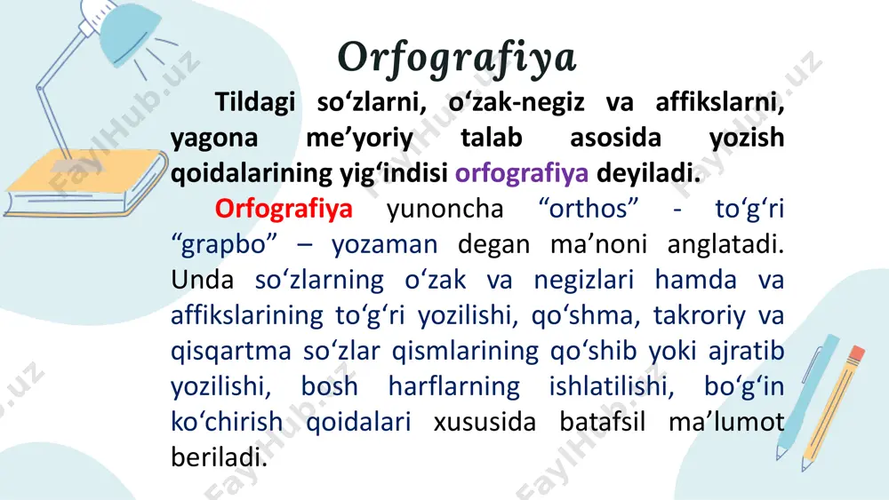 larda u yoki bu fonetik o‘zgarishini kuzatish mumkin. o‘zbek adabiy tilining orfografiyasi quyidagi yozuv qoidalariga asoslanadi: 01 morfologik yozuv so‘z va uning qismlari qanday talaffuz qilinishidan qat’iy nazar, uning variantlaridan biri avvaldan qoidalashtirilgan shaklda, ya’ni asliga muvofiq yoziladi. masalan: 1) kitob, maktab, ko‘plab, talab kabi so‘zlarda oxiridagi b undosh talaffuzda p tarzda jarangsizlanadi, biroq asliga muvofiq yoziladi; 2) shanba, sunbul, manba, aylanma so‘zlari o‘rtasida keladigan n undoshi talaffuzda o‘zidan keyingi undoshlarga moslashib shamba, mamba, sumbul aylamma tarzida aytiladi biroq asliga ko‘ra yoziladi; 3) do‘st, go‘sht, xursand kabi so‘zlar oxiridagi undosh tovush talaffuzda tushurilsa ham, asliga muvofiq yoziladi; 4) uch, to‘rt sonlariga -ala qo‘shimchasi qo‘shilganda uchchala, to‘rtta tarzida tovush orttirilgan holda talaffuz qilinsa ham asliga muvofiq yoziladi; 5) o‘zak tarkibida u undoshi bo‘lgan kulmoq, tug‘ilmoq, uch kabi so‘zlariga, -ib, - il, -in, -ish, - imsira affikslari qo‘shilganda affikslardagi i unlisi u tovushga moyilroq talaffuz qilinadi, biroq asliga muvofiq kulib, tug‘ildi, uchish …