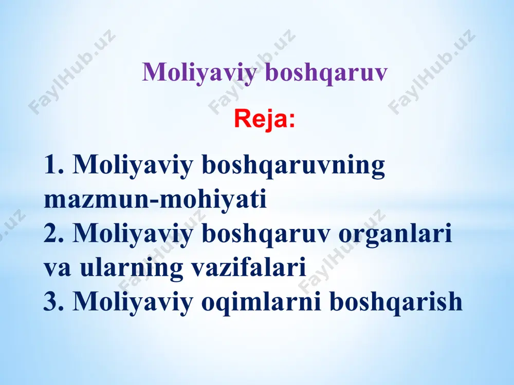 lashishi (nisbati) va qayta taqsimlash jarayonlariga ta’sir ko‘rsatadigan boshqa omillar bilan belgilanadigan o‘ziga xos bo‘lgan moliyaviy munosabatlar maydonga chiqadi. davlat moliyasi, mahalliy moliya va xo‘jalik yurituvchi sub’yektlar moliyasida moliyaviy boshqaruvning sub’yekti bo‘lib moliyaviy apparat deb nomlanuvchi maxsus xizmatlar hisoblanadi. moliyaviy boshqaruvning maqsadi makroiqtisodiy muvozanatda, byudjet profitsitida, davlat qarzining kamayishida, milliy valyutaning barqarorligi va mustahkamligida va nihoyat, davlat va jamiyat barcha a’zolari iqtisodiy manfaatlarining yagonaligida (mushtarakligida) namoyon bo‘ladigan moliyaviy barqarorlik va moliyaviy mustaqillikni ta’minlashdir. shunga monand ravishda uning asosiy metodologik prinsiplari quyidagilardan iborat: − pirovard maqsadga bog‘liqlik; − xo‘jalik barcha tarmoqlarining makroiqtisodiy muvozanatliligi; − jamiyat barcha a’zolarining manfaatlariga mos kelish; − iqtisodiy qonunlardan foydalanish; − real imkoniyatlar asosida ichki va tashqi iqtisodiy sharoitlarni hisobga olish. moliyaviy boshqaruvning aniq metodlari va shakllari quyidagilardan iborat bo‘lishi mumkin: • moliyaviy rejalashtirish; • bashoratlash (prognozlashtirish); • dasturlashtirish; • moliyaviy tartibga solish; • moliyaviy nazorat; • moliyaviy qonunlarni (qonunchilikni) qabul qilish; • moliyaviy resurslarni jalb qilish …