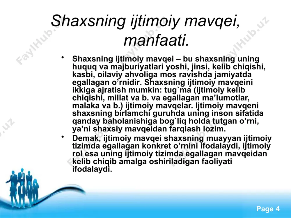 ham boshhalarga nisbatan bo’lgan munosabatlarda o’ziga o’zi egalik qiladi. bu o’ziga o’zi egalik qilishga kirishish, shuningdek, bu holatni voqyelik deb bilish shuni ko’rsatadiki, inson o’z tushunchasiga binoan (imkoniyat, qobiliyat, moyillik), endi o’zini o’ziniki deb bilishi, o’zini xuddi predmetdek hisoblashi - oddiy o’zini o’zi anglashdan farq qilib, u haqiqatda narsa (buyum) shaklida namoyon bo’la olish qobiliyatiga erishadi» free powerpoint templates page ‹#› individ esa inson zotining alohida olingan nusxasi, uning vakillaridan biridir. shaxs esa u yoki bu inson sifatida namoyon bo’lib, u ma’lum va betakror individuallikka ega bo’ladi. individning jamiyatga kirish jarayonlari uning ijtimoiylashuvini ta’minlaydi. ijtimoiy munosabatlarga kirishish natijasida uning jamiyatdagi qadriyatlar va me’yorlarni o’zlashtirib borishi uchun zamin yaratadi. bu jihatdan u ijtimoiy ta’sir obyektidir. shuningdek, individ ijtimoiylashuv oqibatida jamiyatdagi turli munosabatlarda faollashadi va bunda u ijtimoiy munosabatlar subyekti sifatida harakatlanuvchi shaxsga aylanadi. an’anaviy jamiyatlarda insonning yaratuvchilik ijodiy qobiliyati ancha chegaralangan edi. chunki, an’anaviy jamiyatda mehnatning tabiiy taqsimoti va ixtisoslashuvi, shaxslararo …