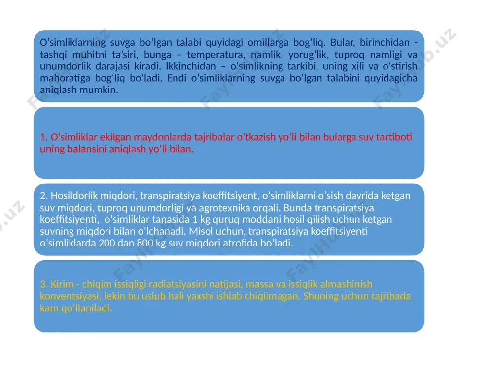 ‘sishi va yuqori hosil olish shu o‘simliklarga bir vaqtning o‘zida hamma fazalari uchun kerakli bo‘lgan namlik, ozuqa elementlari, issiqlik, yorug‘lik va havoni yetkazib berish shartdir. shuning uchun qishloq xo‘jaligida hosil olish faqat suv berish bilan belgilanmay, balki shu o‘simlik uchun kerakli bo‘lgan hamma sharoitlarni hisobga olib yetkazib berishdir. sug‘orish suvlarining sifati va ularni aniqlash usullari ko‘pchilik avtorlar daryo suvlarida oqib keladigan zarralarni quyidagi formula asosida hisoblashadi. d=a–l bunda: d - o‘rtacha-yillik loyqalanish oqimi; a - daryo suvlari va tuproq o‘rtasidagi koeffitsiyent; l - daryolarning o‘rtacha gidravlik og‘ishi. bunda d - (loyqalanish) suvning og‘irligiga nisbatan olinsa, un­da a teng bo‘ladi: 1 dan to 9, agarda oqadigan suvlar tog‘lik hudud­larda bo‘lsa, unda tog‘ jinslarining yuvilish darajasiga nisbatan a teng bo‘ladi: 8-12. agar loyqalanish (d) 1 m3 suvda kilogrammda ifodalansa, unda d q 1000•a•l kg/m3. daryo suvlarida olinib kelinadigan loyqalar qanchalik ko‘p bo‘lsa, daryo suvlarining sarflanishi va oqimi tezligi shuncha ortib boradi, shuning …