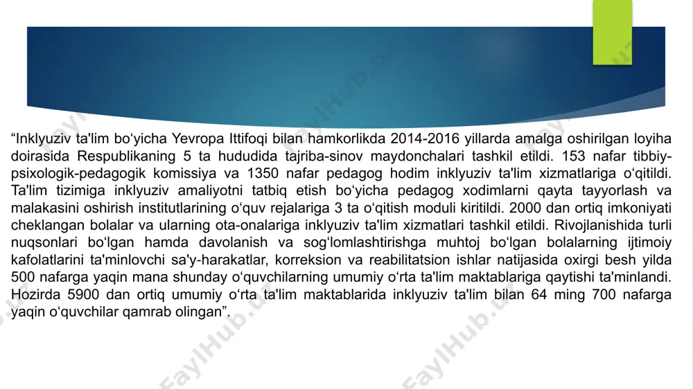 a ta’lim olish uchun imkoniyati cheklangan bolalarni tanlab oladi. ularning bazasida o‘qituvchilar, ota-onalar , mahalliy hokimiyat vakillari uchun uchta semenar. ta’lim vazirligi va mahalliy ta’lim depertament uchun respublika miqyosida konferensiya ham o‘tkazilgan. qozog‘istonda 2003 yil “maxus ehtiyojli bolalarni korreksion ijtimoiy va tibbiy-pedagogik qo‘llab-quvvatlash haqidagi” qonun qabul qilinadi. bu qonun asosida mahsus ehtiyojli bolalarni umumta‟lim muassasalarida ta’lim-tarbiya berish, korreksion pedagogik ish olib borish maqsadida reabilitatsion markazlar, psixologik-pedagogik korreksiya xonalari, mahsus maktab va maktabgacha ta’lim muassasalarida qoshida qisqa muddatli guruhlar tashkil etildi. inkyuziv ta’limga kadrlarni tayyorlash uchun oliy ta’limda “maxsus pedagogika”, “maxsus psixologiya”, “maxsus metodikalar” kurslari kiritildi. bu kabi kurslar kadrlar malakasini oshirishga xizmat qiladi. xitoyda integratsiyalash jarayoni barcha umummillat ma’lumotlarini yig’ish, tajriba almashish, muloqot va fikr almashish, kadrlarni tayyorlash, maktab o’quv jarayonlarini isloh qilish, maktab xodimlari bilan uchrashuv va savol javoblar o’tkazish hamda barcha axborotlarni yig’ib tahlil qilishdan boshlandi. nuqsonli bolalar ta’limi xitoy ta’lim tizimida birmuncha yangi edi. har bir tumanda …