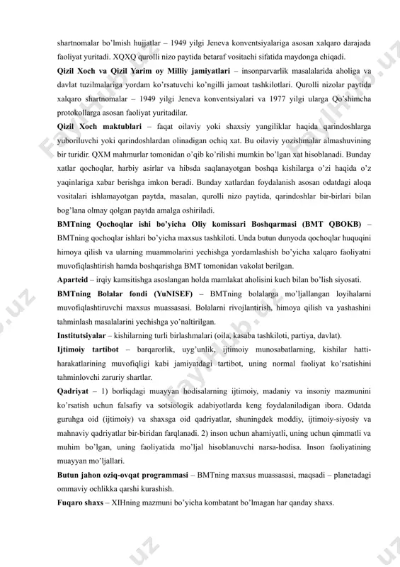 1863 yilda jismoniy shaxslarning tashabbusi bilan tuzilgan insonparvarlik tashkiloti. tashkilotning vazifasi urushdan va mamlakatdagi ichki zo’ravonliklardan aziyat chekkanlarni himoya qilish va ularga yordam berishdir. xalqaro shartnomalar bo’lmish hujjatlar – 1949 yilgi jeneva konventsiyalariga asosan xalqaro darajada faoliyat yuritadi. xqxq qurolli nizo paytida betaraf vositachi sifatida maydonga chiqadi. qizil xoch va qizil yarim oy milliy jamiyatlari – insonparvarlik masalalarida aholiga va davlat tuzilmalariga yordam ko’rsatuvchi ko’ngilli jamoat tashkilotlari. qurolli nizolar paytida xalqaro shartnomalar – 1949 yilgi jeneva konventsiyalari va 1977 yilgi ularga qo’shimcha protokollarga asosan faoliyat yuritadilar. qizil xoch maktublari – faqat oilaviy yoki shaxsiy yangiliklar haqida qarindoshlarga yuboriluvchi yoki qarindoshlardan olinadigan ochiq xat. bu oilaviy yozishmalar almashuvining bir turidir. qxm mahmurlar tomonidan o’qib ko’rilishi mumkin bo’lgan xat hisoblanadi. bunday xatlar qochoqlar, harbiy asirlar va hibsda saqlanayotgan boshqa kishilarga o’zi haqida o’z yaqinlariga xabar berishga imkon beradi. bunday xatlardan foydalanish asosan odatdagi aloqa vositalari ishlamayotgan paytda, masalan, qurolli nizo paytida, qarindoshlar …