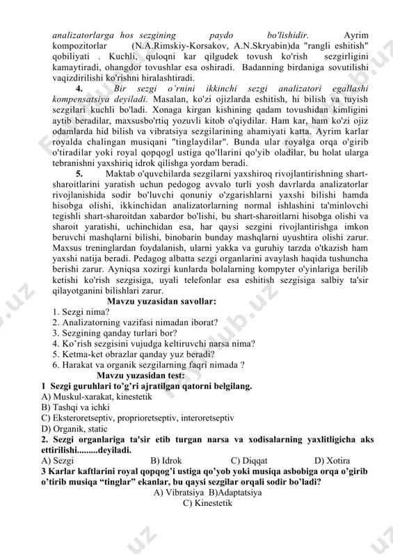 ri paylarda, bo'glnlarda va asosan muskullarda joylashgan. shu sababdan ularni ba'zan muskul sezgilari deb ham yuritiladi. muvozanat sezgilari boshimizning, gavdamizning harakati hamda fazodagi holati haqida darak beradi. muvozanat sezgilarining retseptorlari ichki quloqqa joylashgan. bu organlarning normal holati izdan chiqqan paytda odam o'zini noxush sezadi (masalan, boshi aylanadi yoki "dengiz kasalligi" ga uchraydi). vibratsiya sezgllari boshqa sezgilar orasida alohida o'rin egallaydi, bu sezgilar narsalarning tebranishi haqida xabar beradi. buyumlarning va havoning tebranishi vibratsiya sezgilarining qo'zg'atuvchilaridir. tananing butun ustki yuzasi qo'zg'atuvchilarning ta'sirini qabul qilib oladi. har bir odam o’zining sezgi xususiyatlari, sezgirlik darajasi bilan bir-biridan farq qiladi. quyidagi sezgi xusuiyatlari farqlanadi: adaptatsiya, sensibilizatsiya, sinesteziya, kompensatsiya. 1. adaptatsiya - (lotincha- adapto moslashmoq) sezgi a'zolarining muhit o'zgarishlariga moslashuvidir. adaptatsiya 3 hil; a) qo'zg'atuvchming davomli ta'siri jarayonida sezgilarning to'la yo'qolishi. masalan, teriga biron narsa doimiy tegib tursa, bora-bora u narsa sezilmay qoladi. b) kuchli qo'zg'atuvchining ta'sirida ham sezgilar zaiflashishi mumkin. masalan, qorong’iroq xonadan juda yorug' …